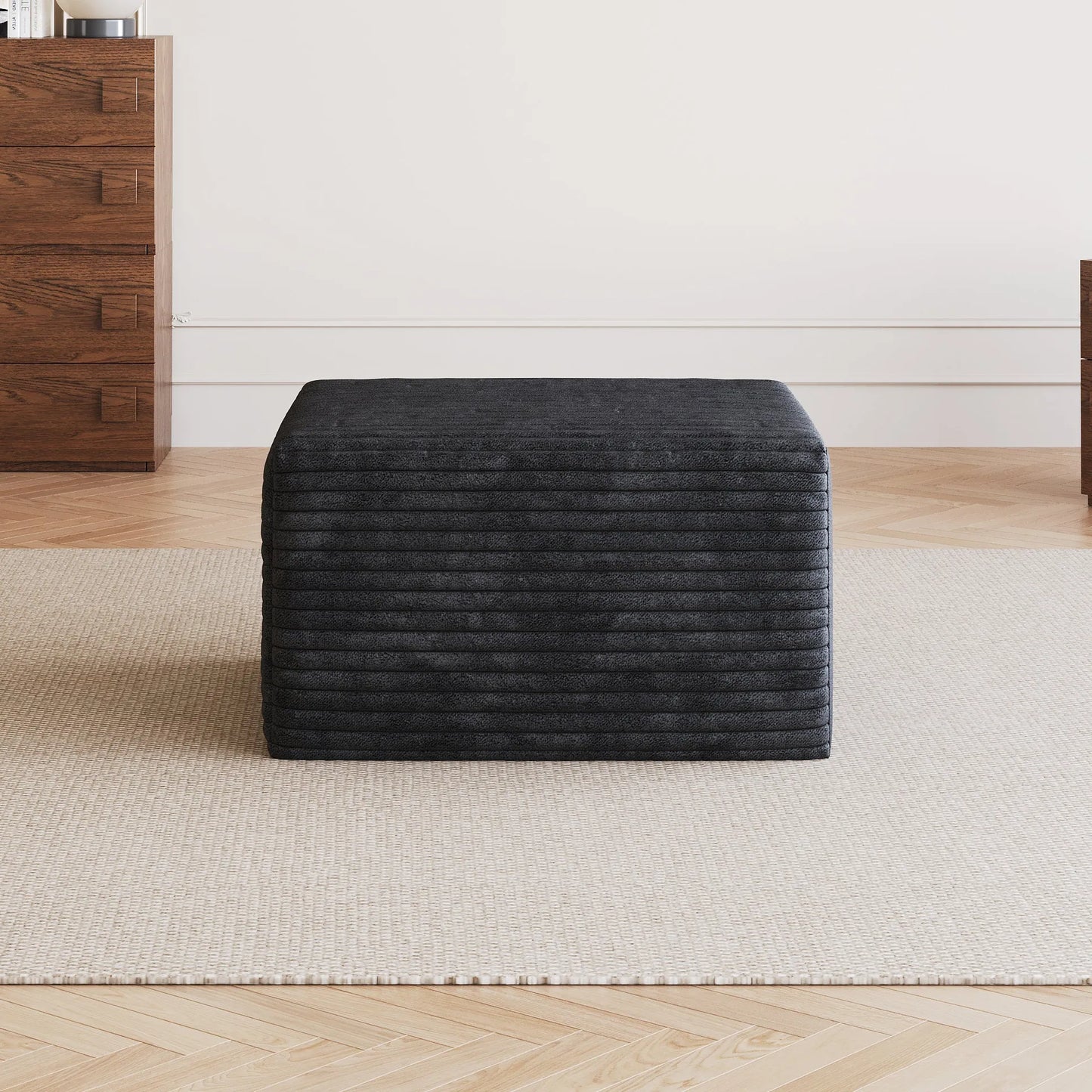 Corduroy Cube Ottoman, No Assembly Required – Black – view 3