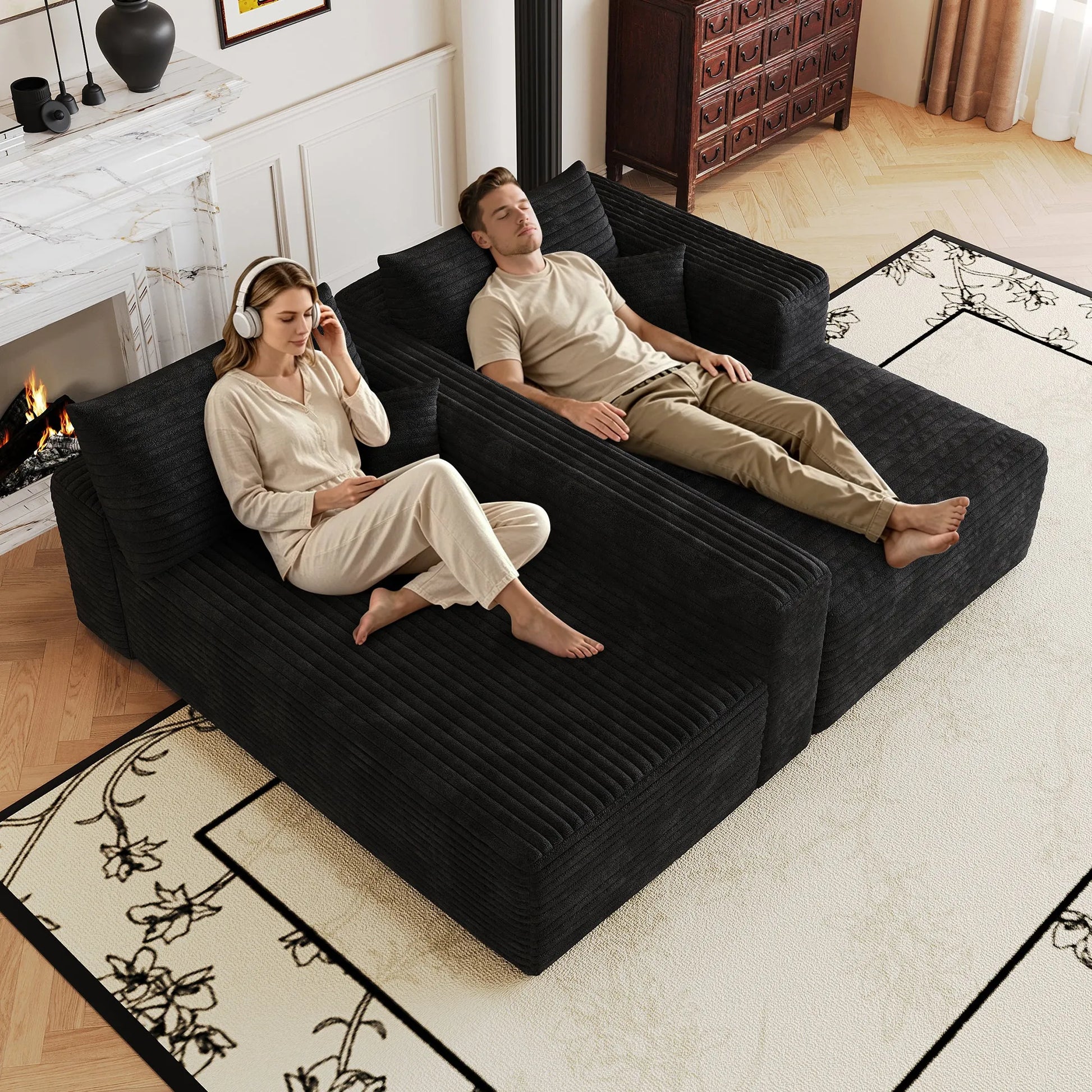 103-Inch Corduroy L-Shaped Cloud Sectional Sofa – Black – view 3
