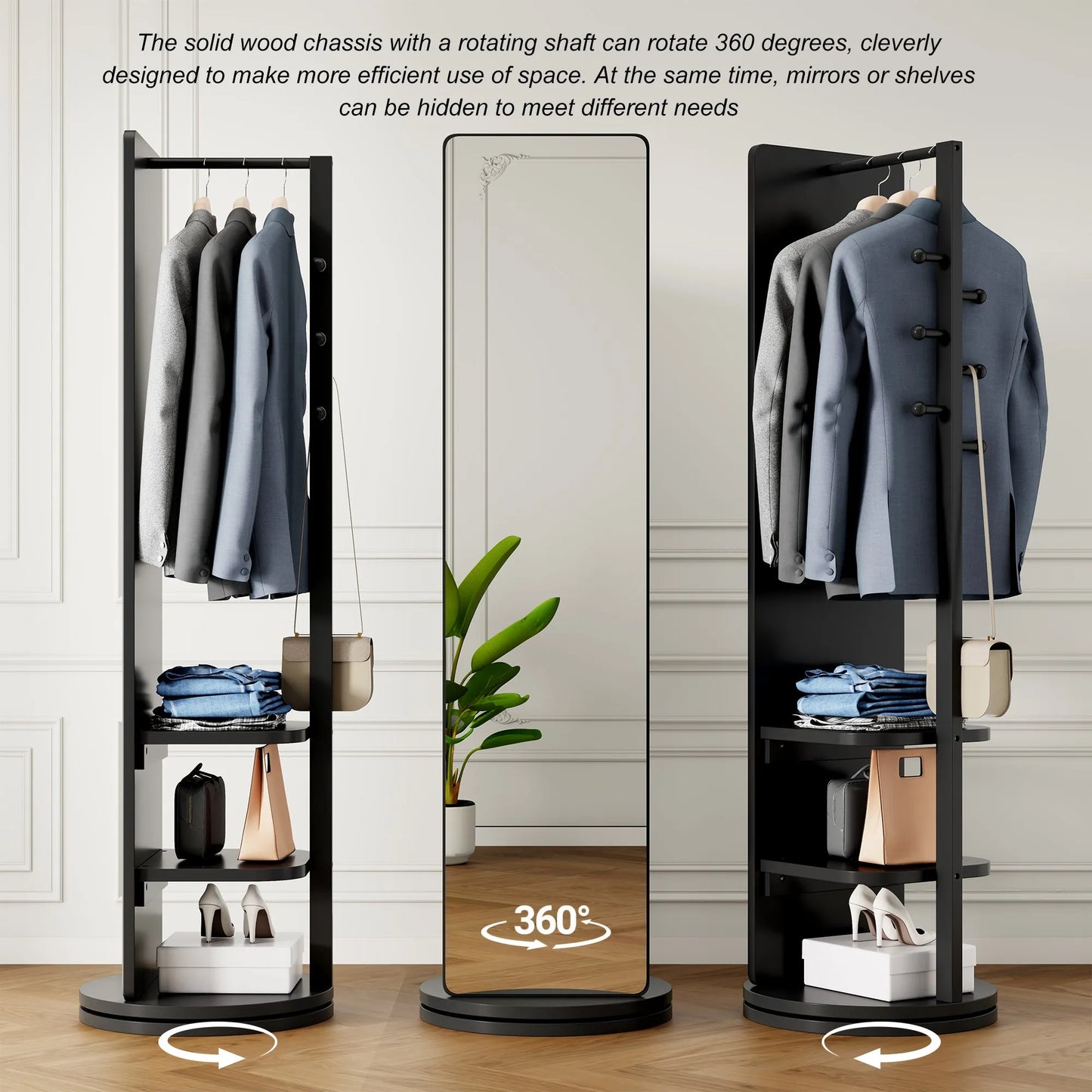 69-Inch Rotating Full-Length Mirror with Coat Rack – Black – view 3