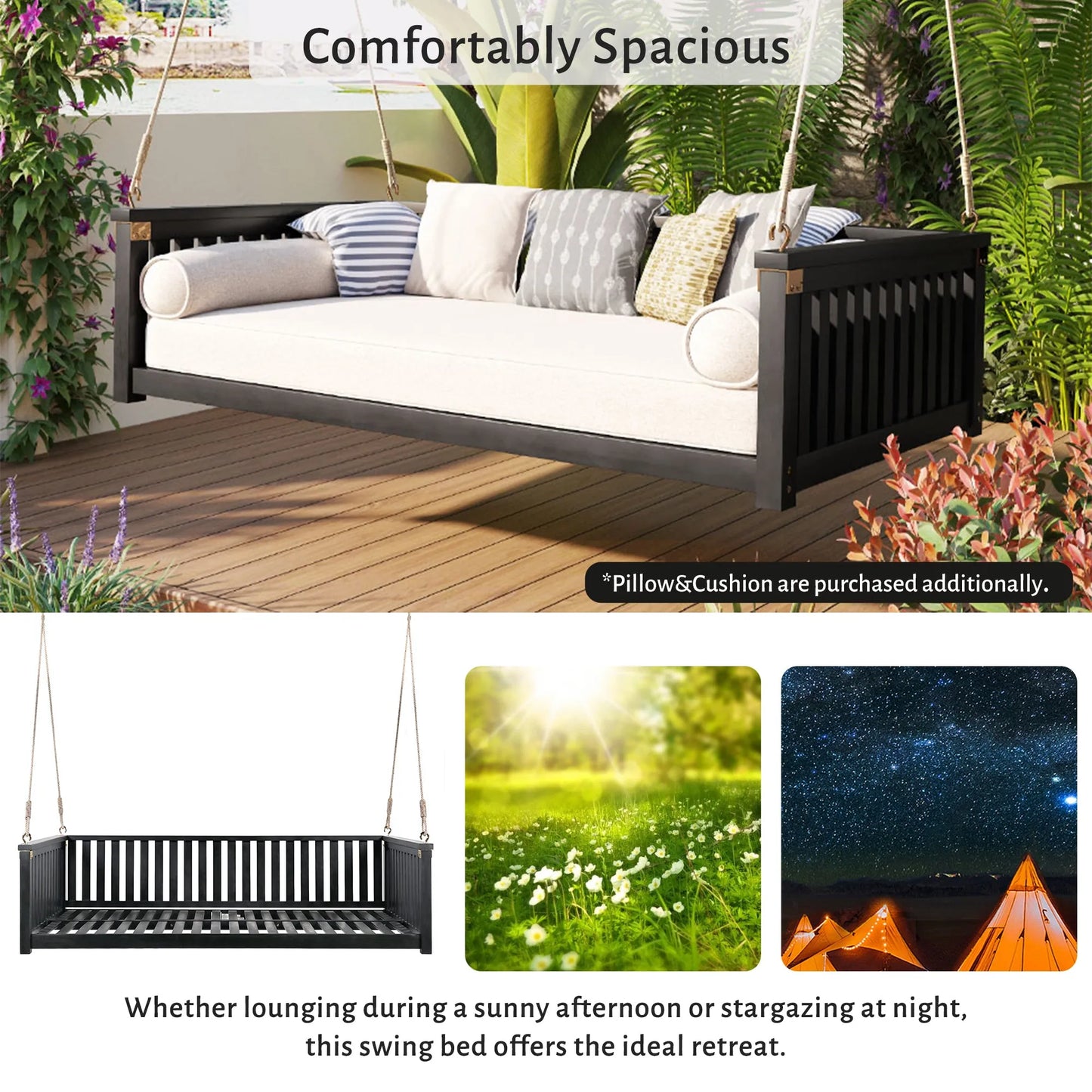 Acacia Wood Twin-Size Porch Swing Bed – Black – view 3