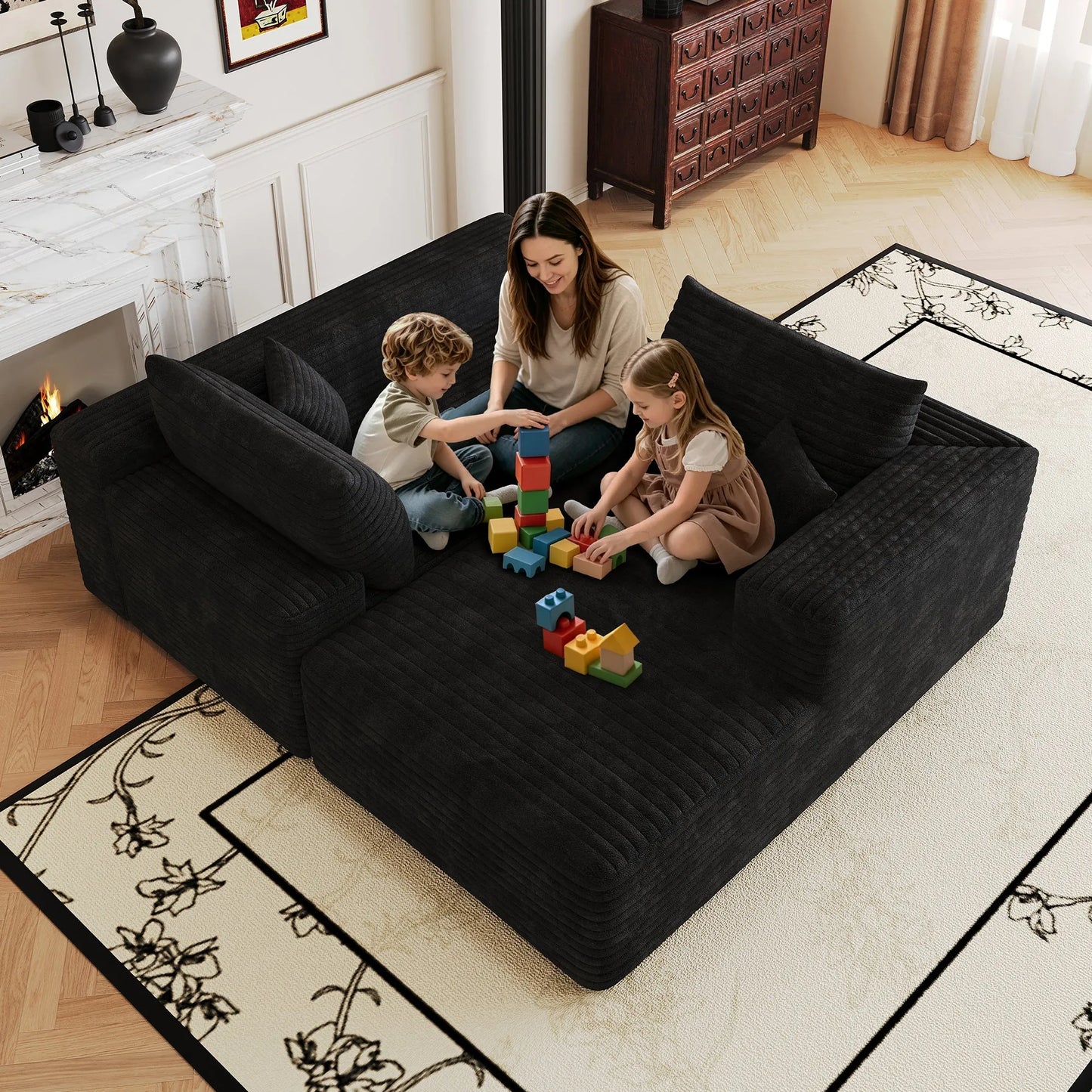 103-Inch Corduroy L-Shaped Cloud Sectional Sofa – Black – view 4