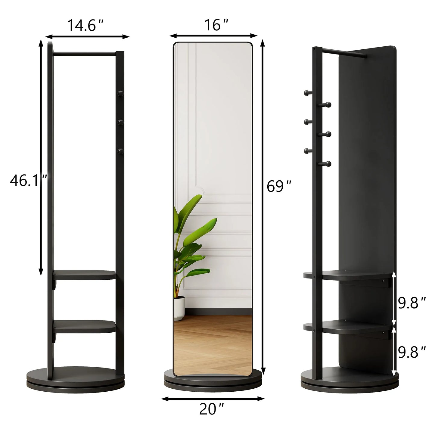 69-Inch Rotating Full-Length Mirror with Coat Rack – Black – view 4