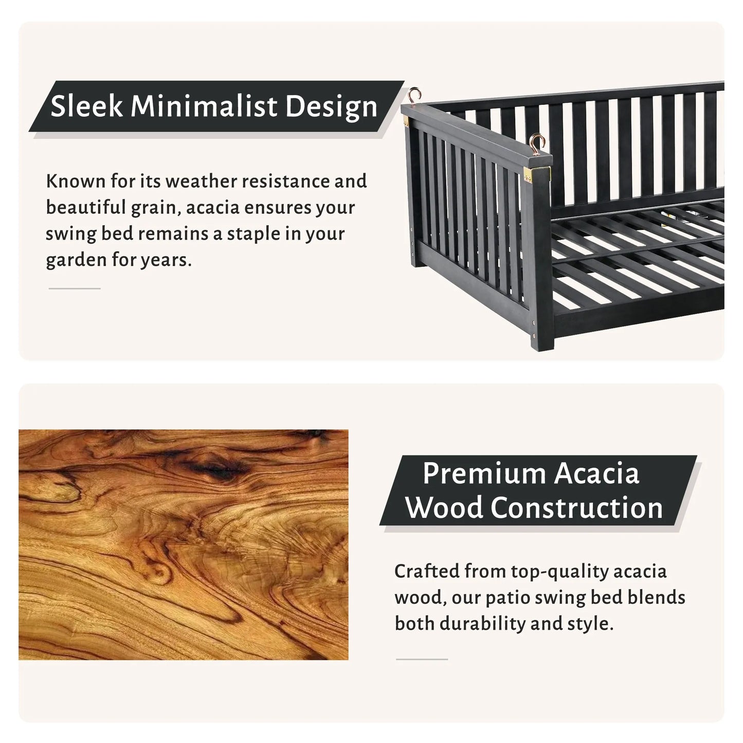 Acacia Wood Twin-Size Porch Swing Bed – Black – view 4