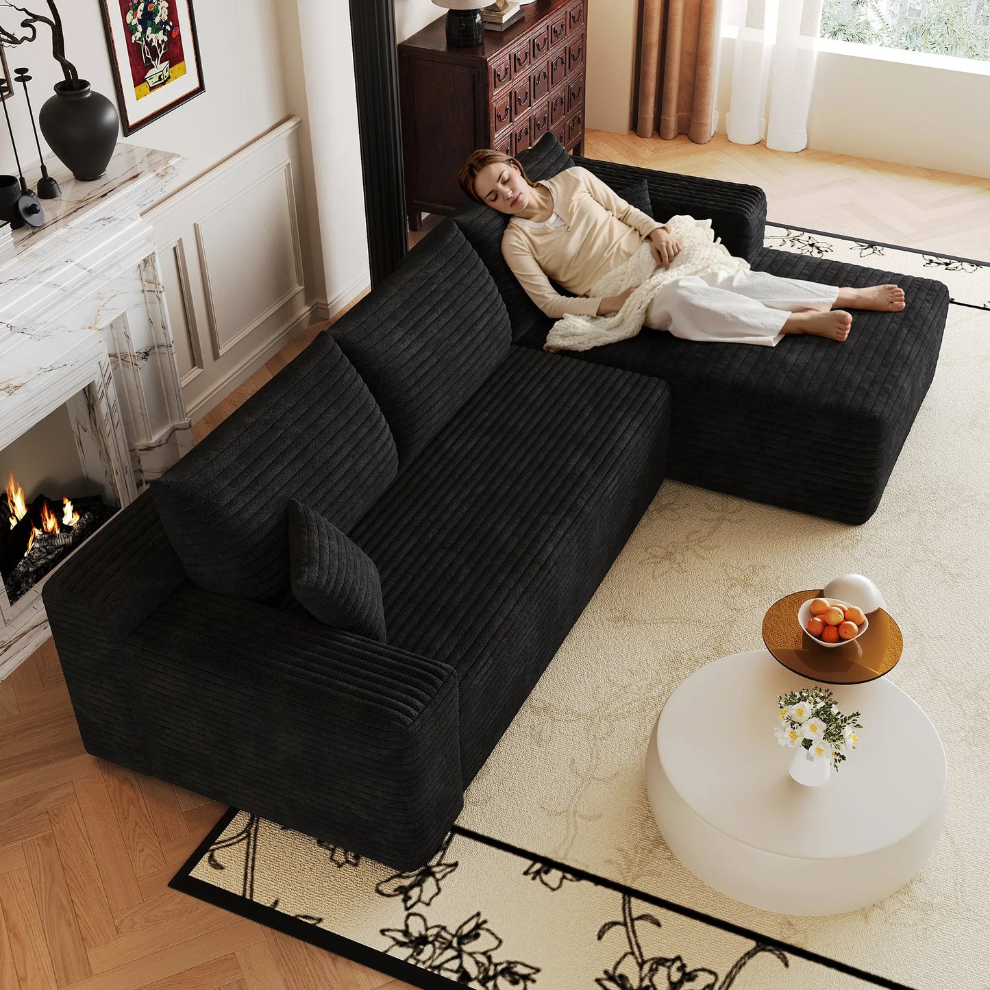 103-Inch Corduroy L-Shaped Cloud Sectional Sofa – Black – view 5
