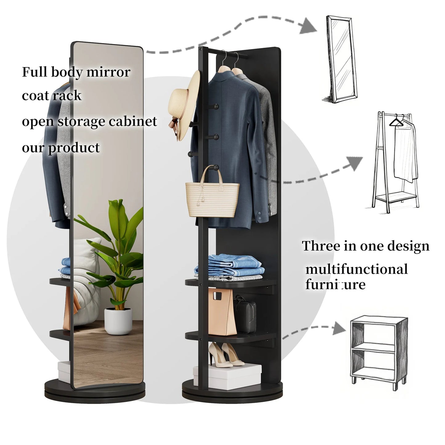 69-Inch Rotating Full-Length Mirror with Coat Rack – Black – view 5