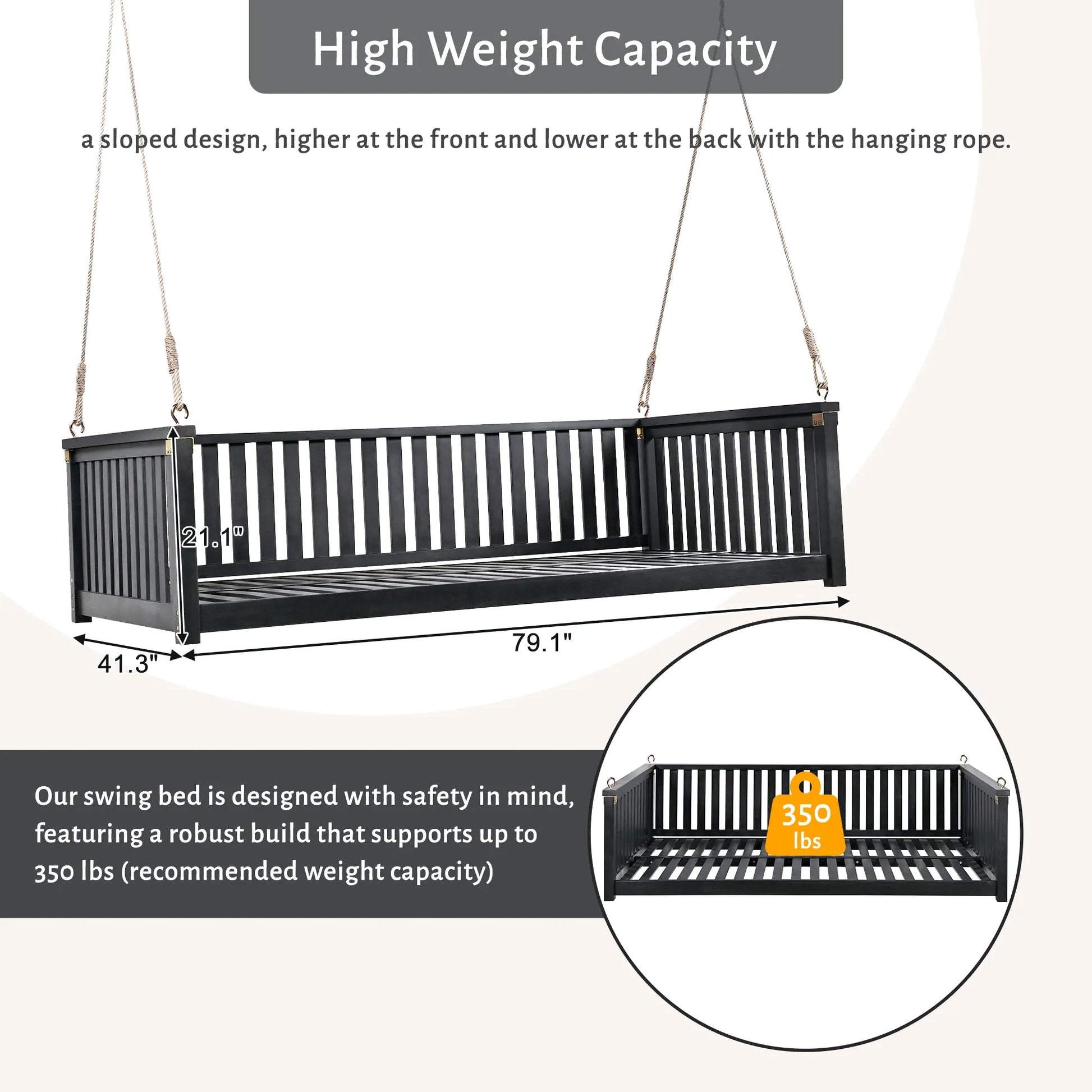 Acacia Wood Twin-Size Porch Swing Bed – Black – view 5