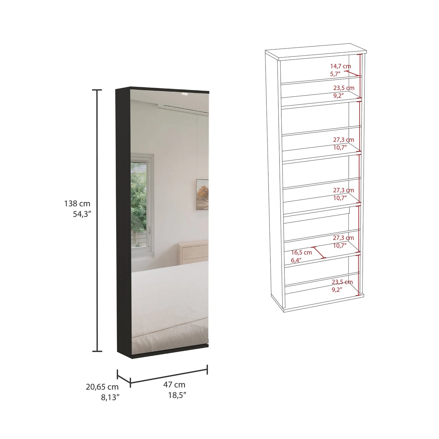 Wall-Mounted Shoe Cabinet with Full-Length Mirror – Black – view 6