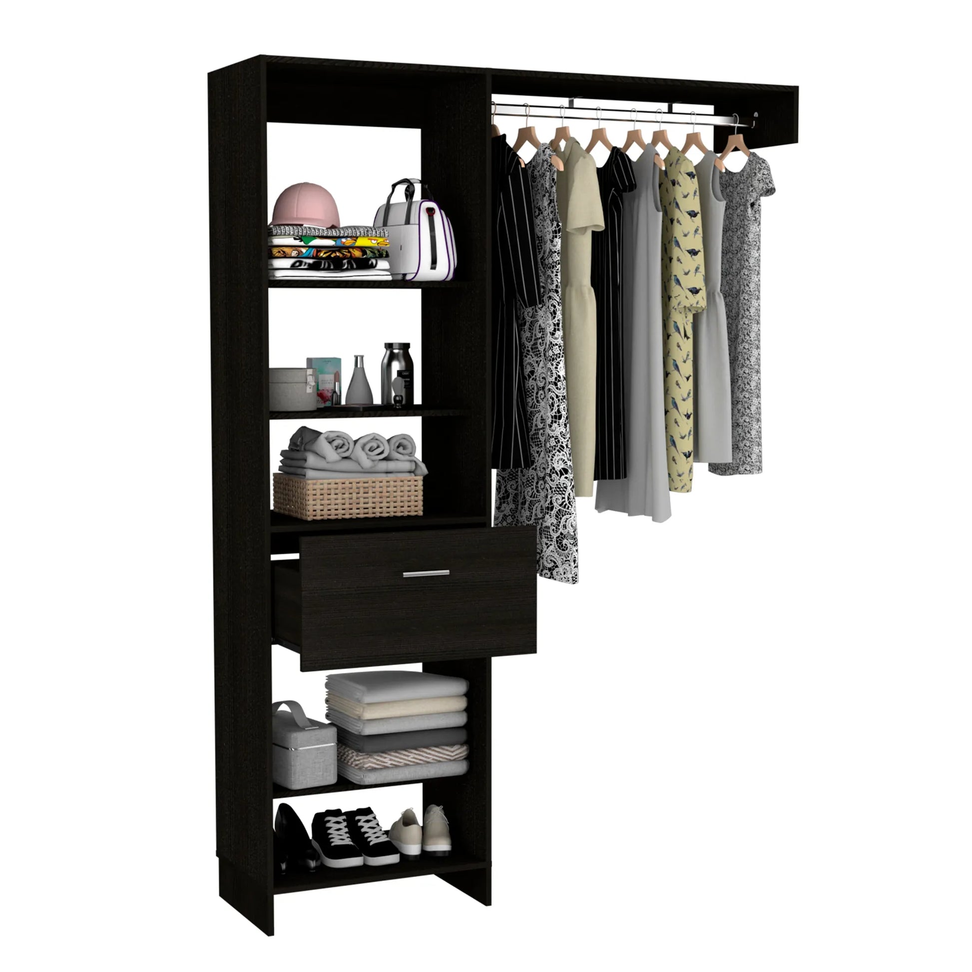 59.1-Inch Open Closet System with Shelves, Drawer and Hanging Rod – Black – view 6