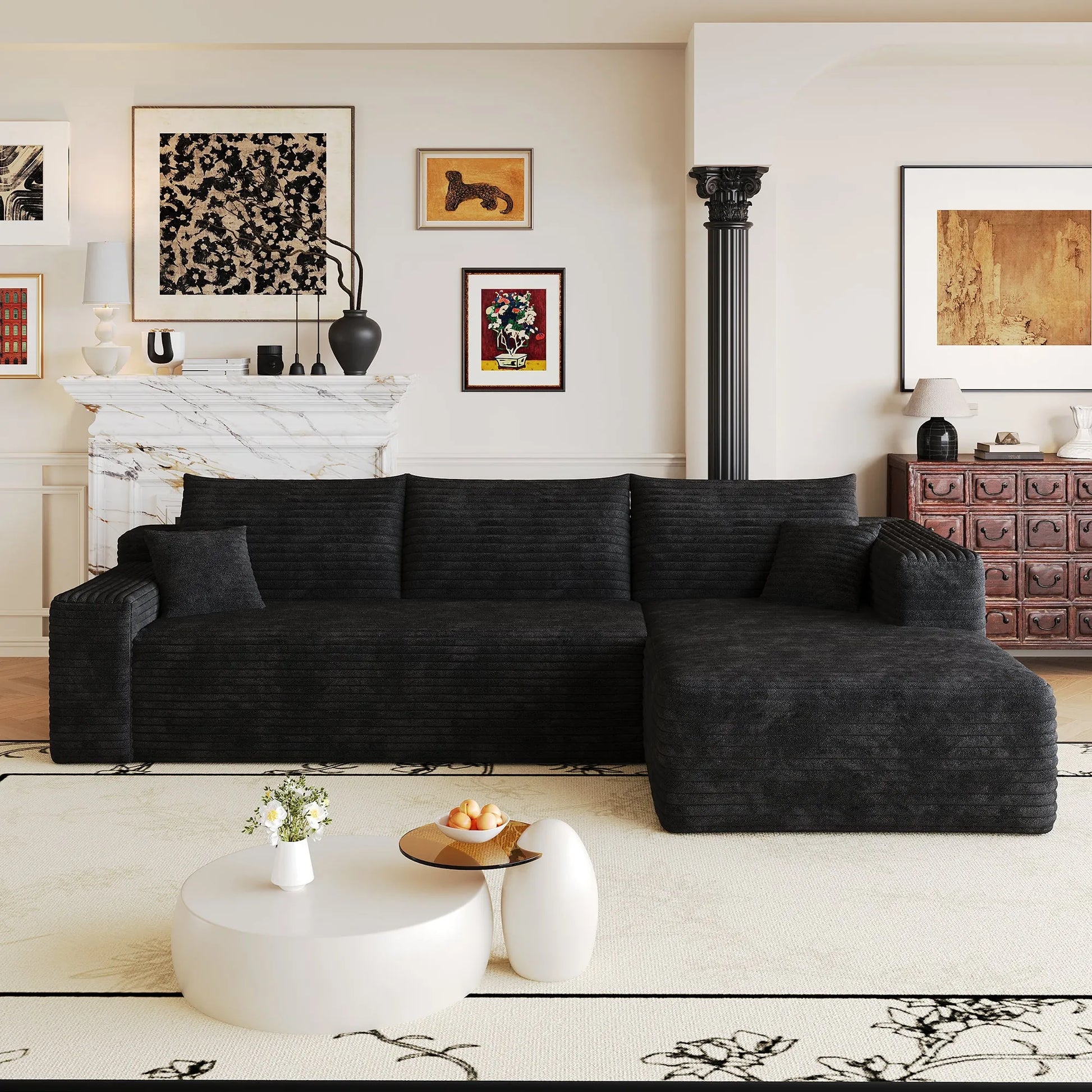 103-Inch Corduroy L-Shaped Cloud Sectional Sofa – Black – view 6