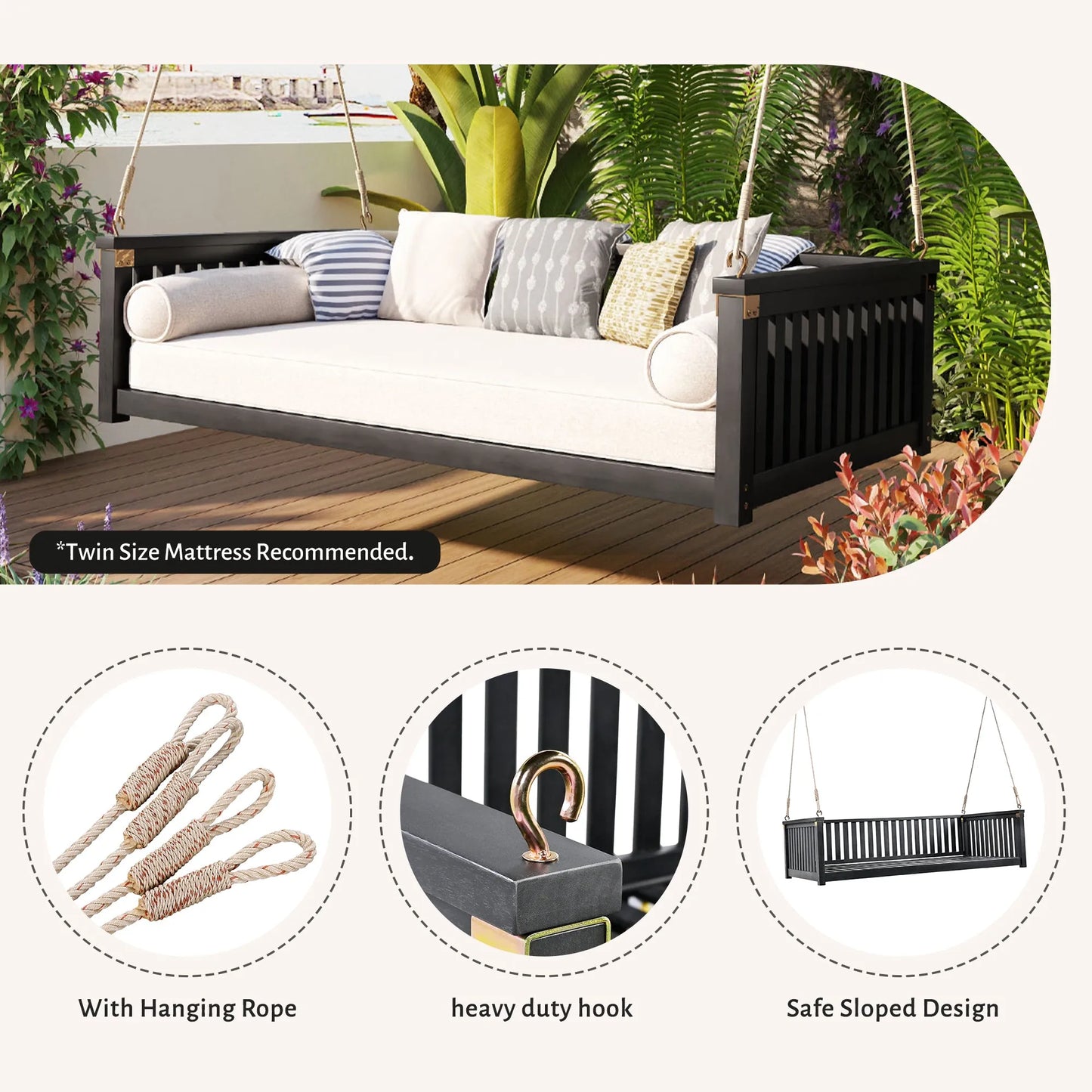 Acacia Wood Twin-Size Porch Swing Bed – Black – view 6