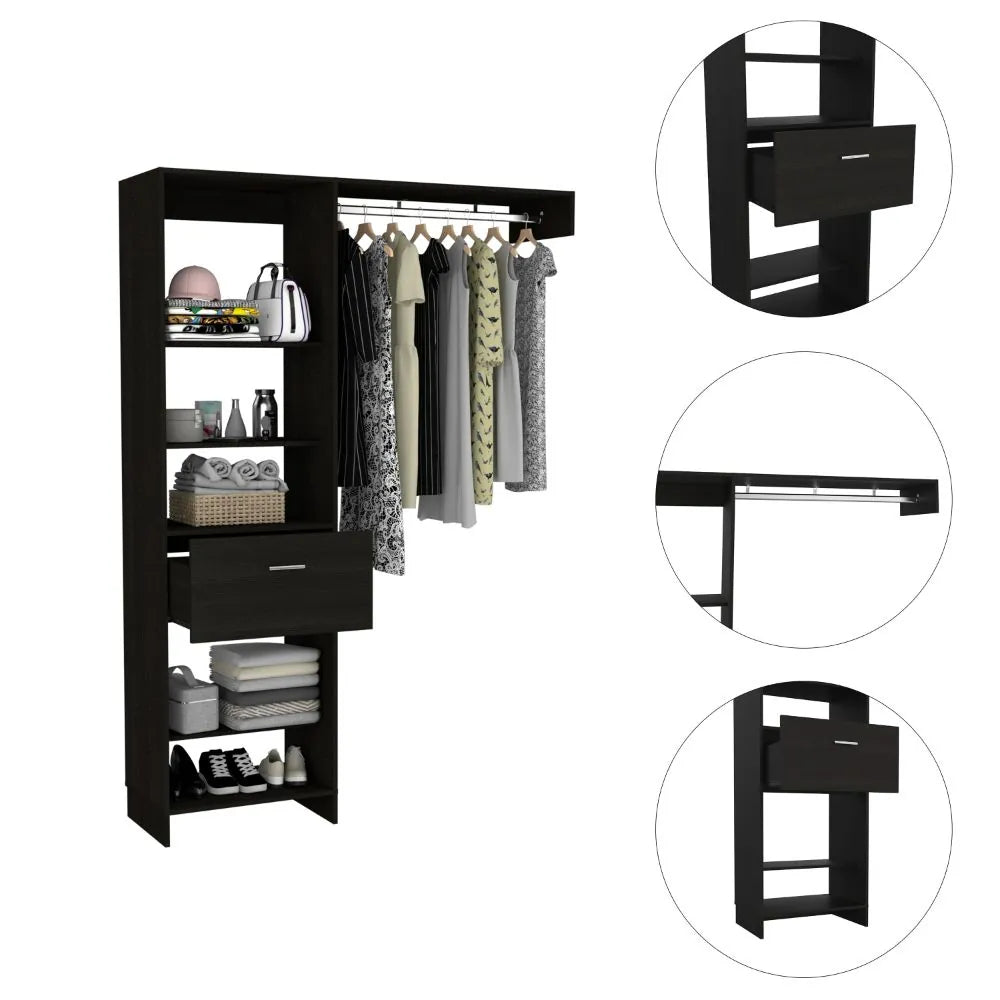 59.1-Inch Open Closet System with Shelves, Drawer and Hanging Rod – Black – view 7