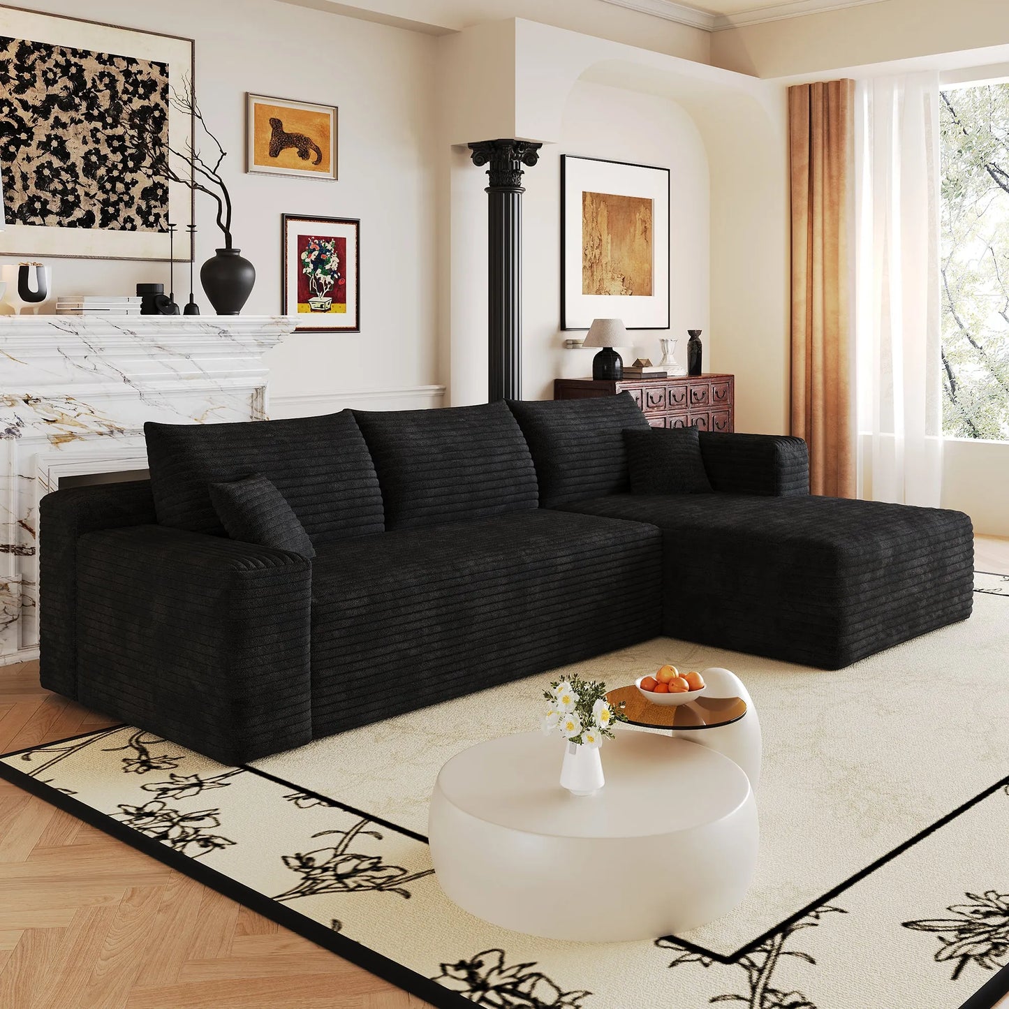 103-Inch Corduroy L-Shaped Cloud Sectional Sofa – Black – view 7