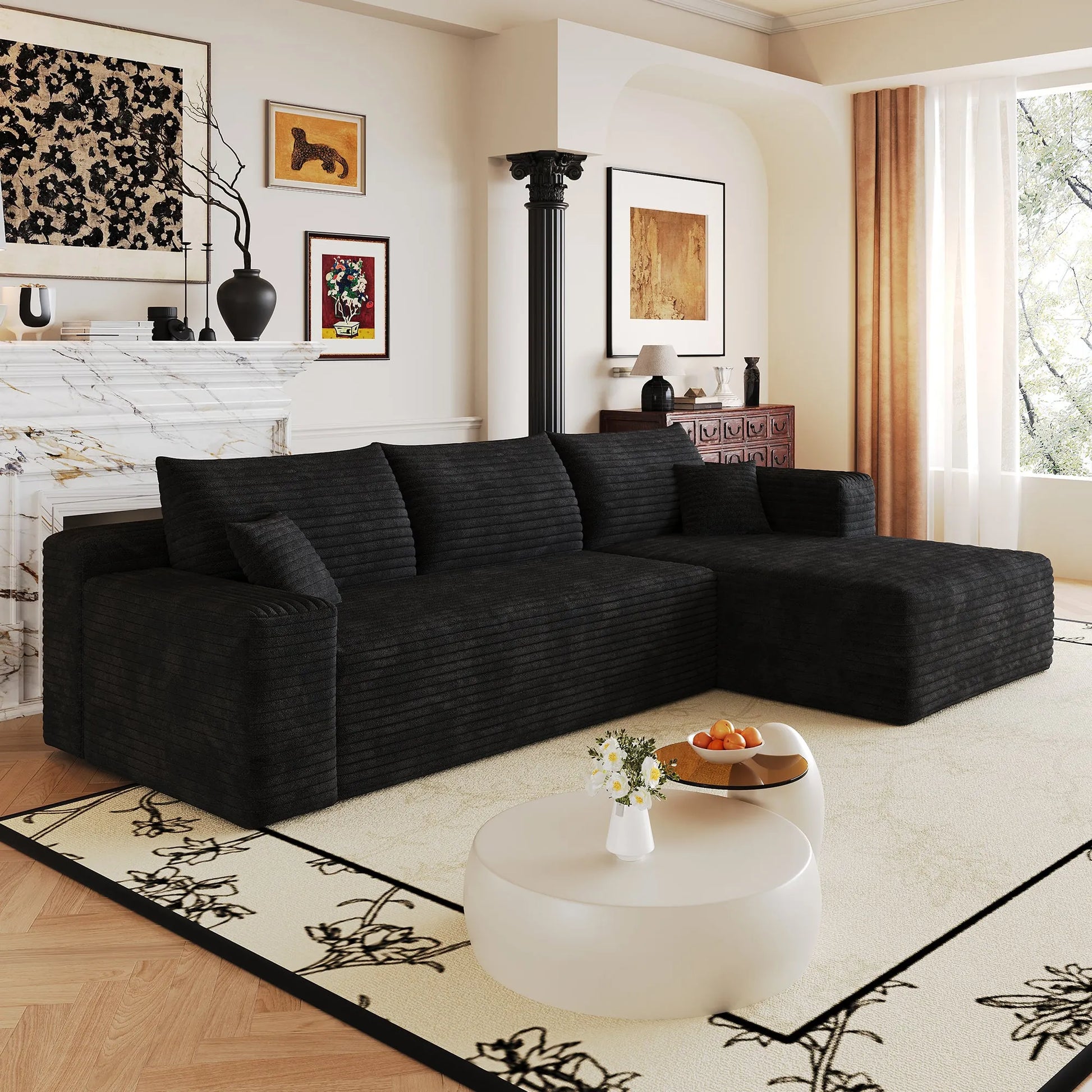 103-Inch Corduroy L-Shaped Cloud Sectional Sofa – Black – view 7