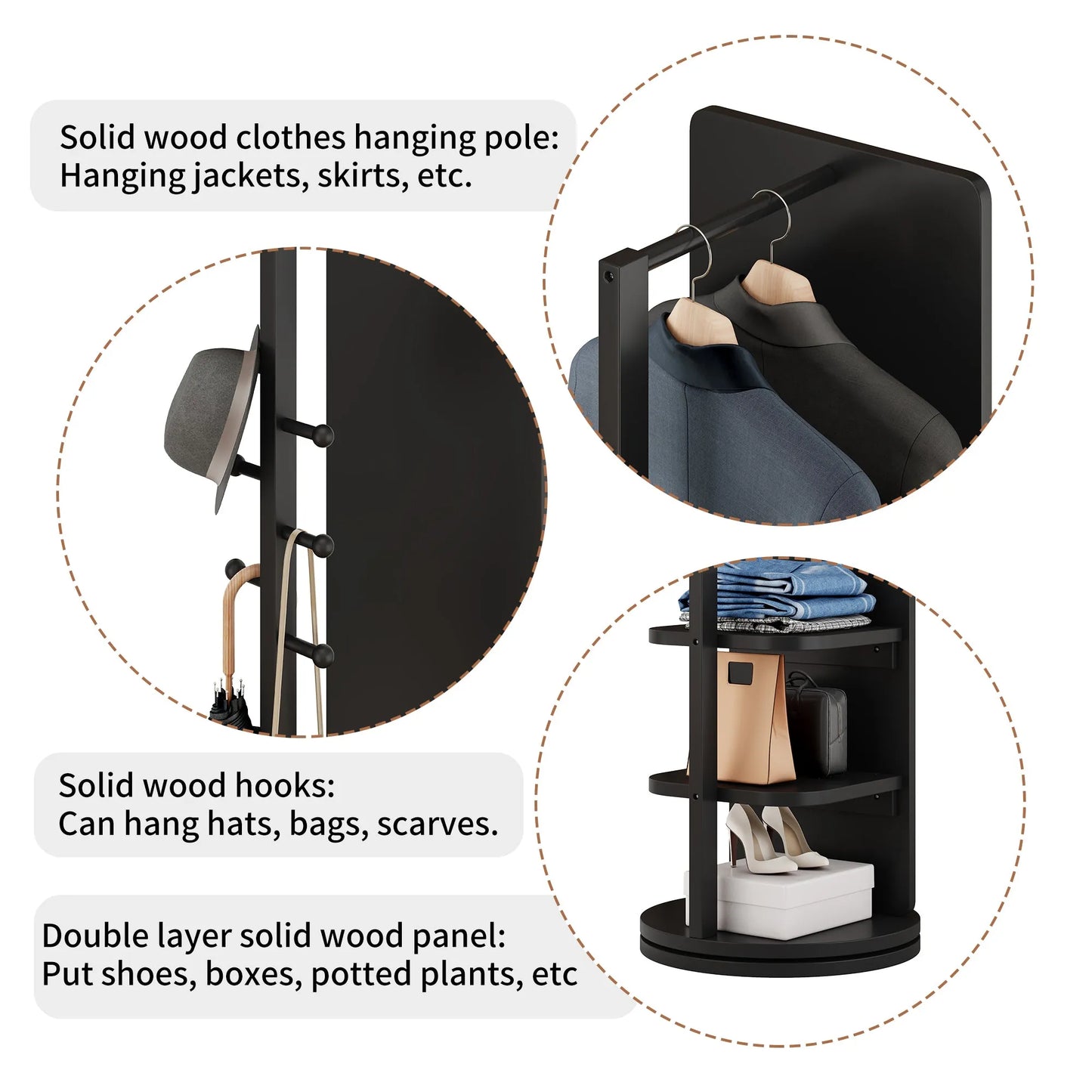 69-Inch Rotating Full-Length Mirror with Coat Rack – Black – view 7