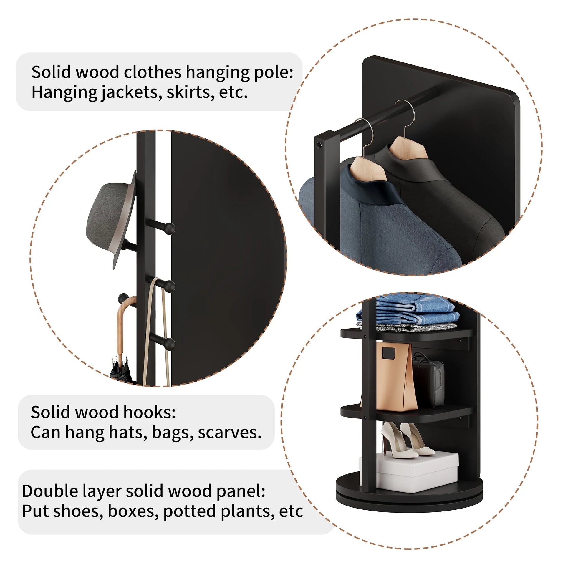 69-Inch Rotating Full-Length Mirror with Coat Rack – Black – view 7
