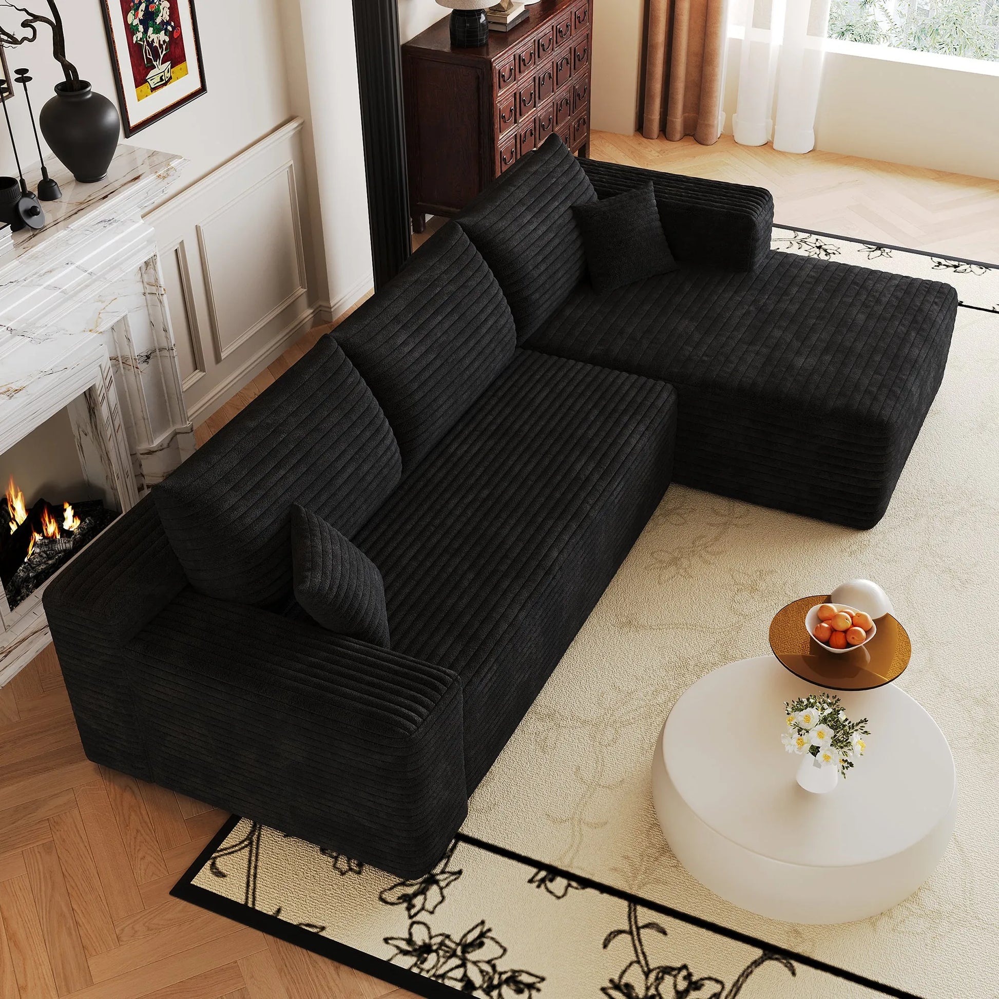 103-Inch Corduroy L-Shaped Cloud Sectional Sofa – Black – view 8