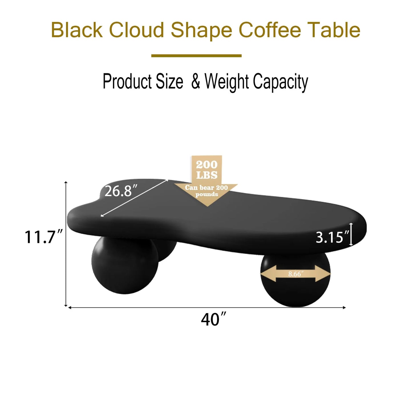 40-Inch Cloud-Shaped MDF Coffee Table – Black – view 9