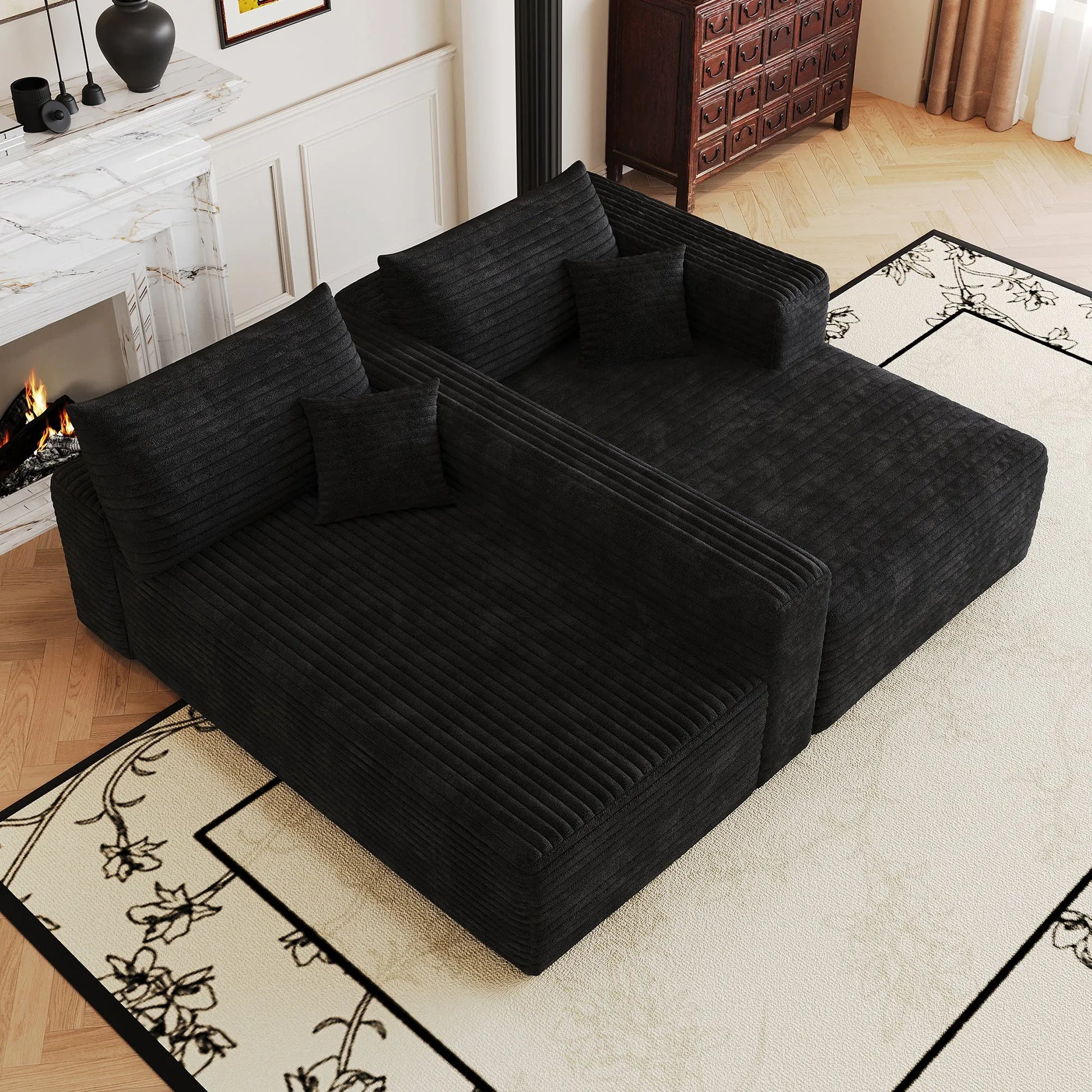 103-Inch Corduroy L-Shaped Cloud Sectional Sofa – Black – view 9