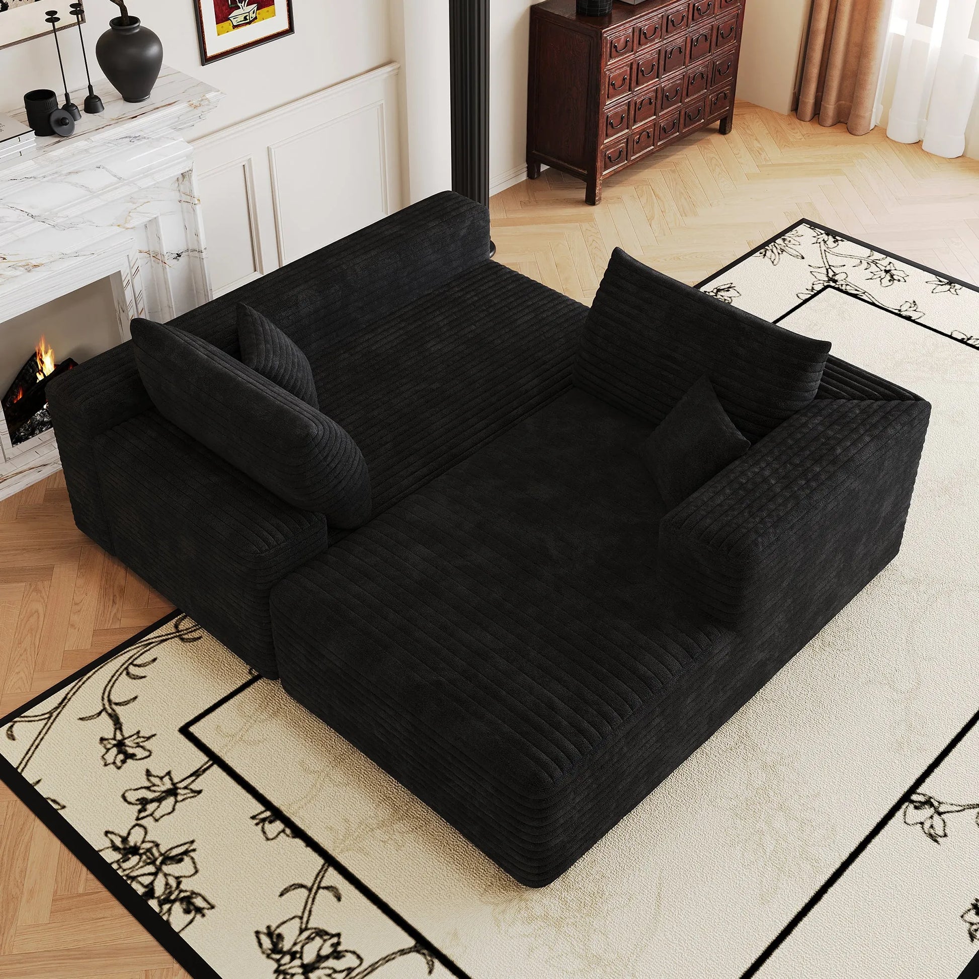 103-Inch Corduroy L-Shaped Cloud Sectional Sofa – Black – view 10