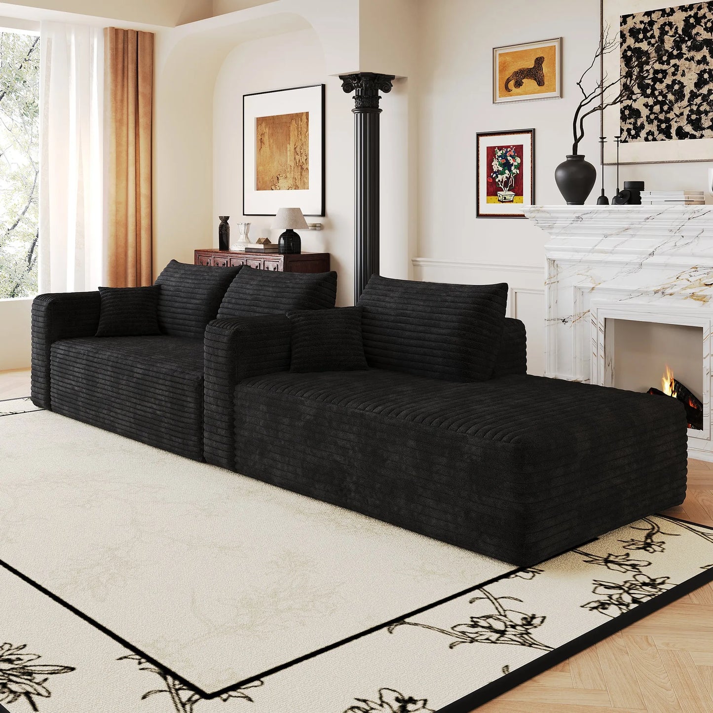 103-Inch Corduroy L-Shaped Cloud Sectional Sofa – Black – view 11