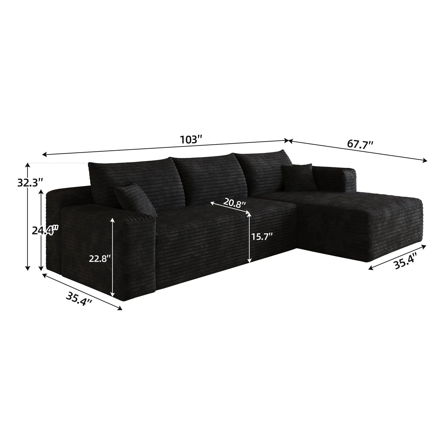 103-Inch Corduroy L-Shaped Cloud Sectional Sofa – Black – view 12