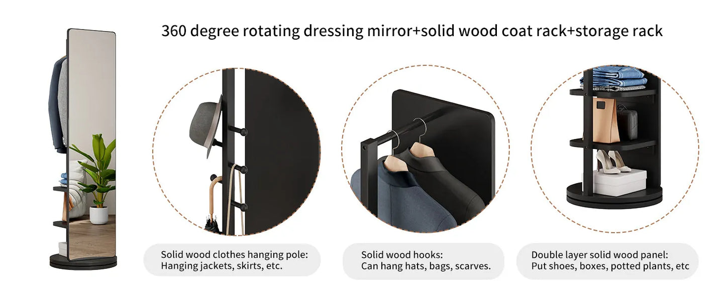 69-Inch Rotating Full-Length Mirror with Coat Rack – Black – view 12