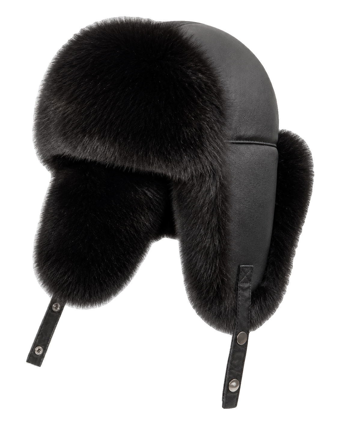 Black Fox genuine fur and black sheepskin leather ushanka hat, front product view