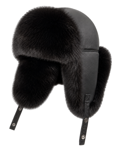 Black Fox genuine fur and black sheepskin leather ushanka hat, front product view