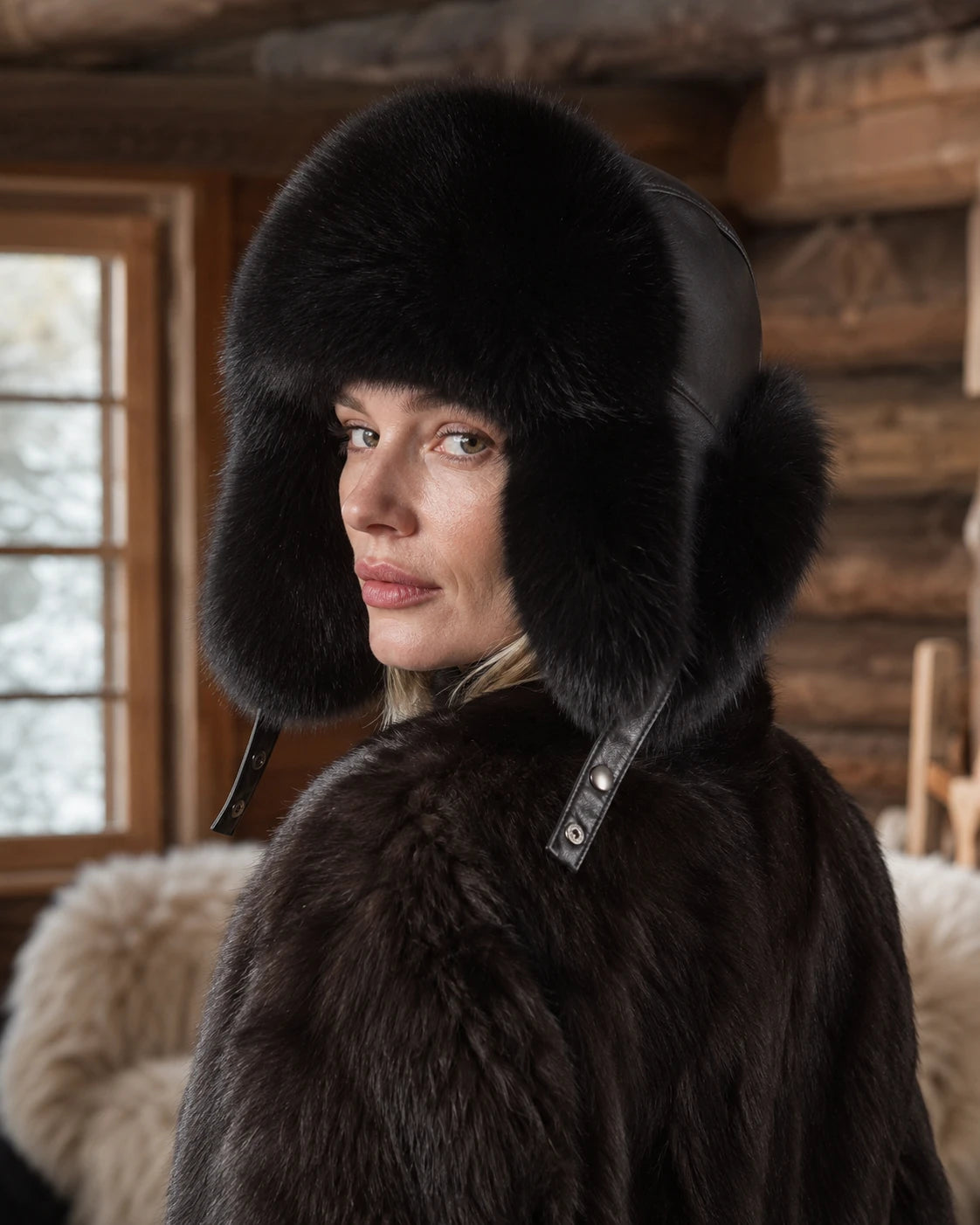 Black Fox fur and sheepskin leather ushanka worn in a winter cabin