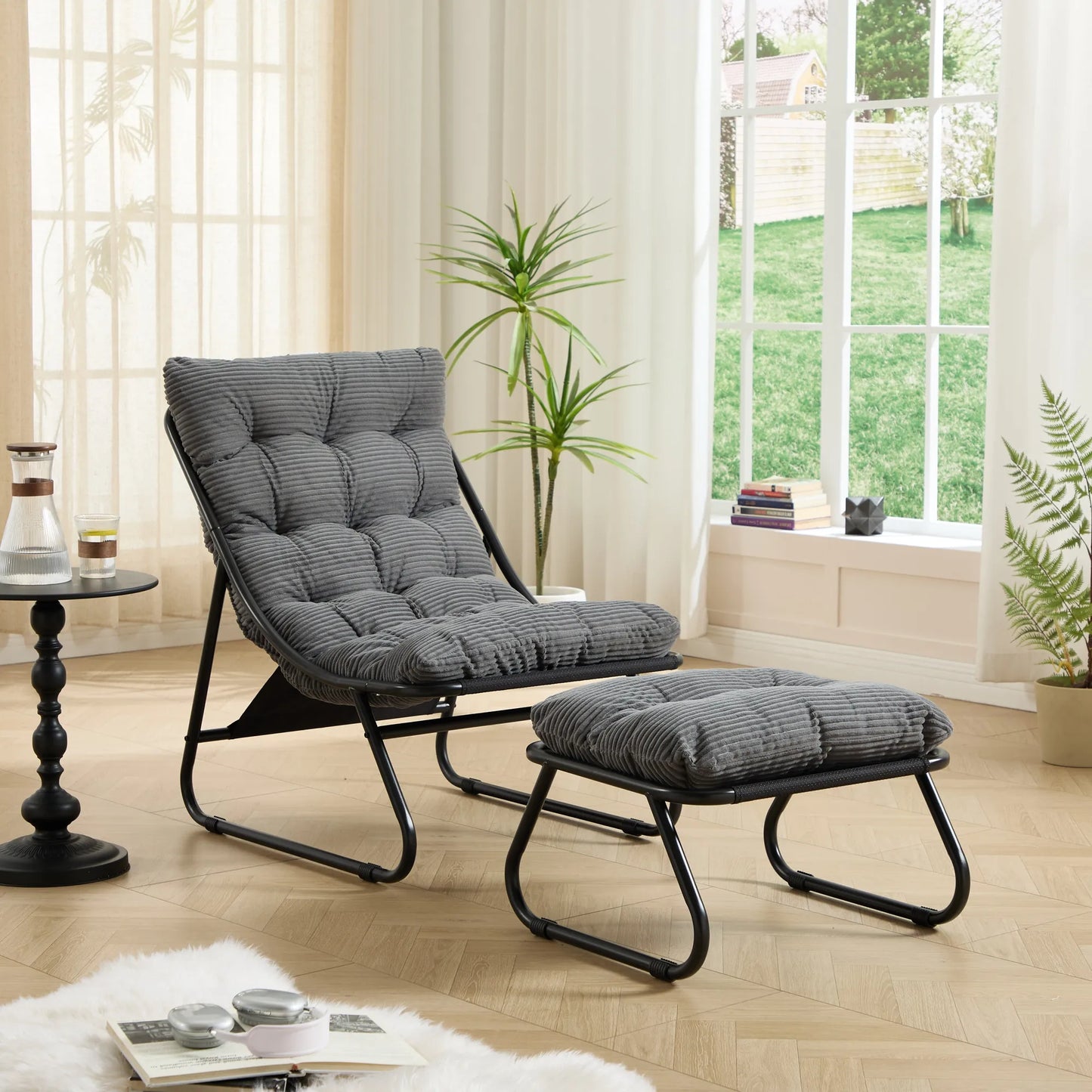 Upholstered Lounge Chair with Matching Ottoman – Black Frame / Gray Cushion – view 1
