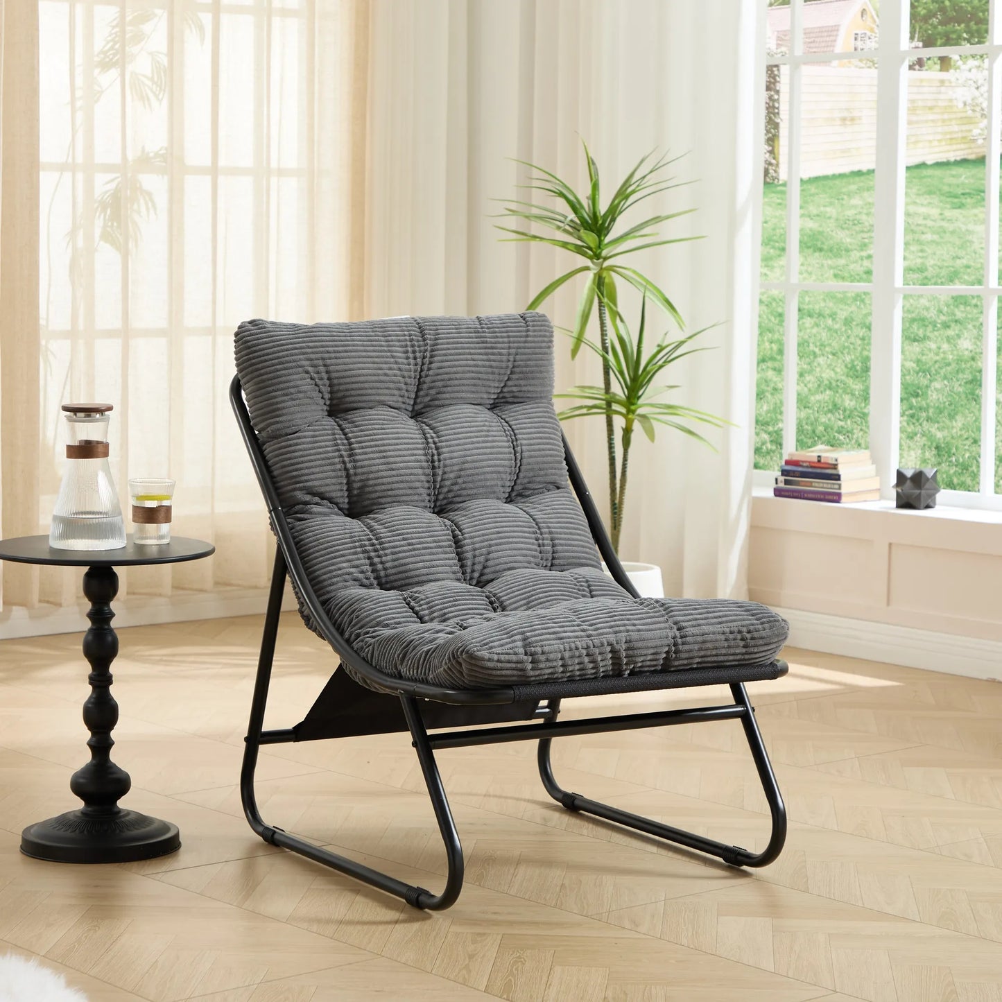 Upholstered Lounge Chair with Matching Ottoman – Black Frame / Gray Cushion – view 2