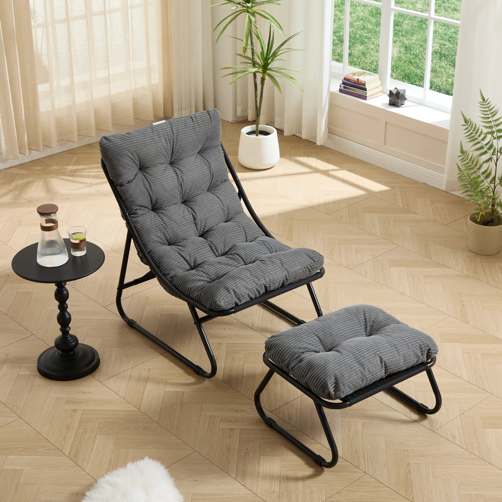 Upholstered Lounge Chair with Matching Ottoman – Black Frame / Gray Cushion – view 4