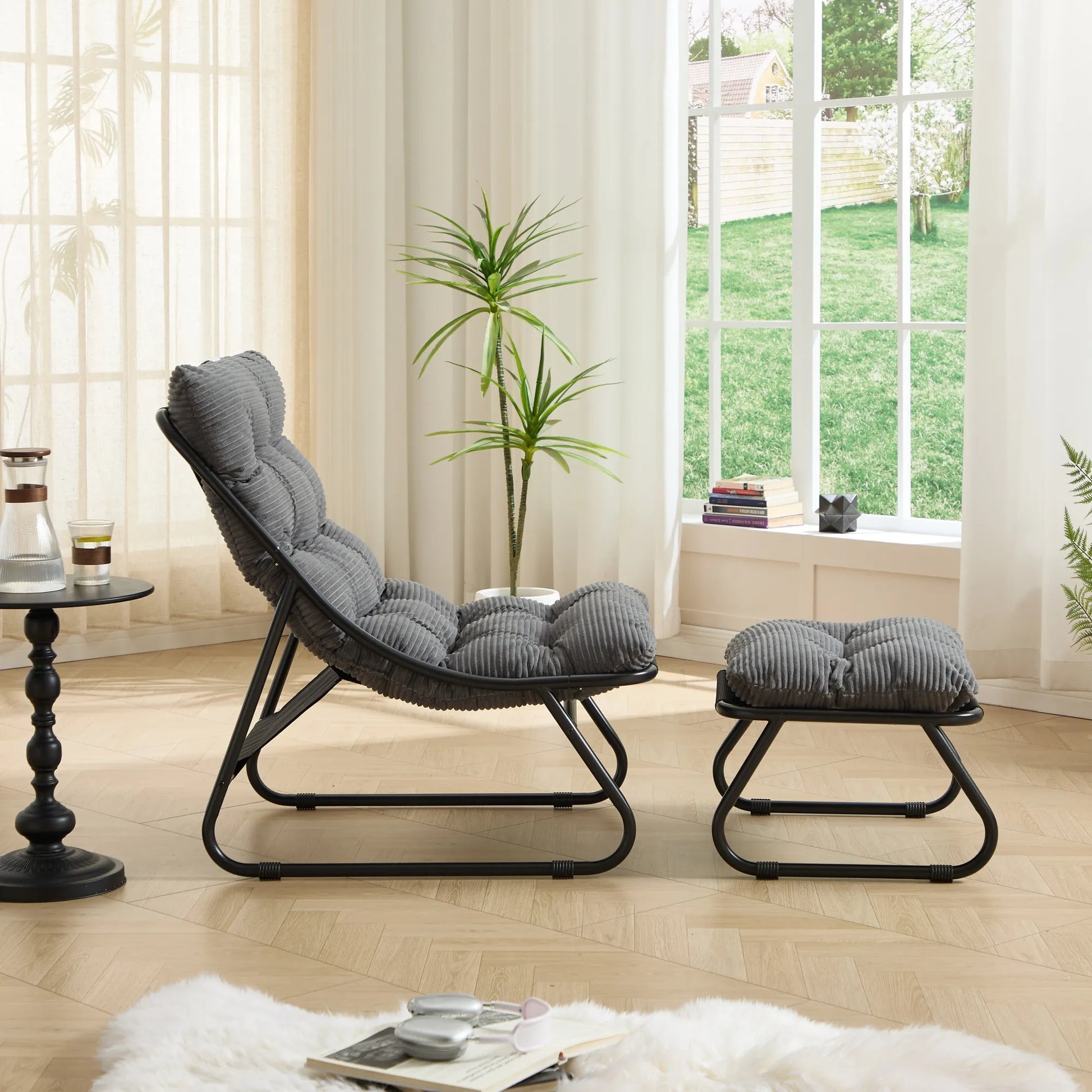 Upholstered Lounge Chair with Matching Ottoman – Black Frame / Gray Cushion – view 7
