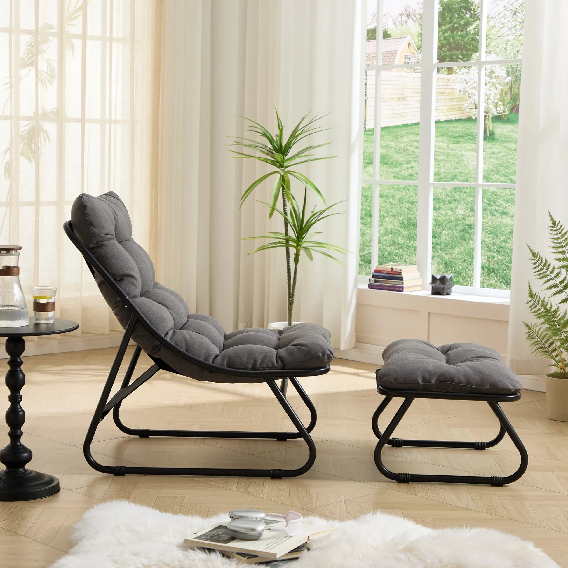 Upholstered Lounge Chair with Matching Ottoman – Black Frame / Gray Cushion – view 9