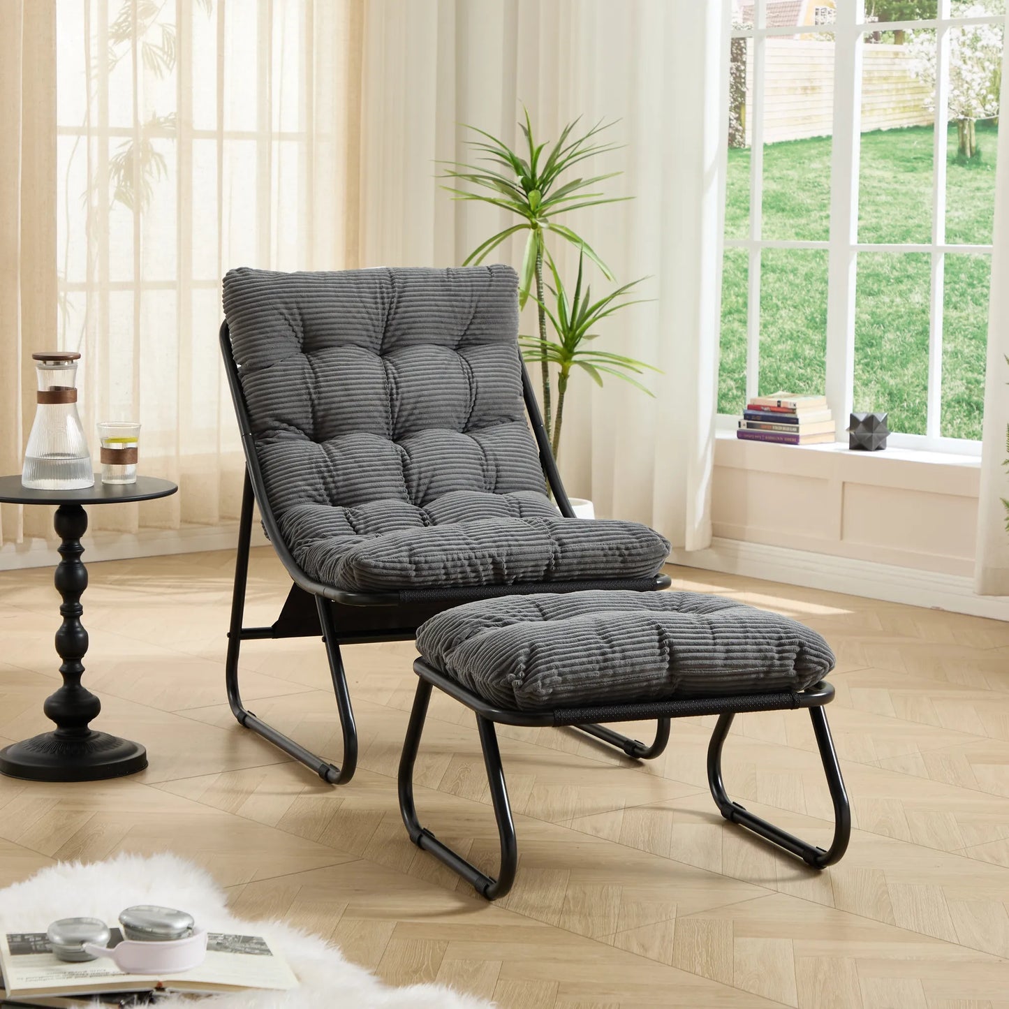 Upholstered Lounge Chair with Matching Ottoman – Black Frame / Gray Cushion – view 11