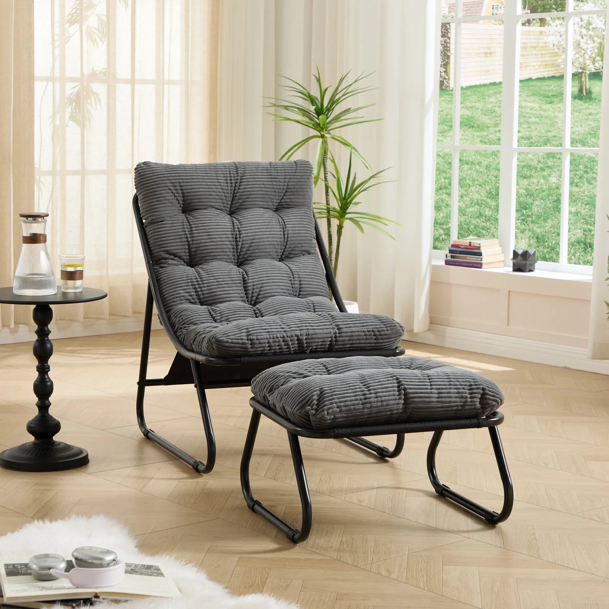 Upholstered Lounge Chair with Matching Ottoman – Black Frame / Gray Cushion – view 11
