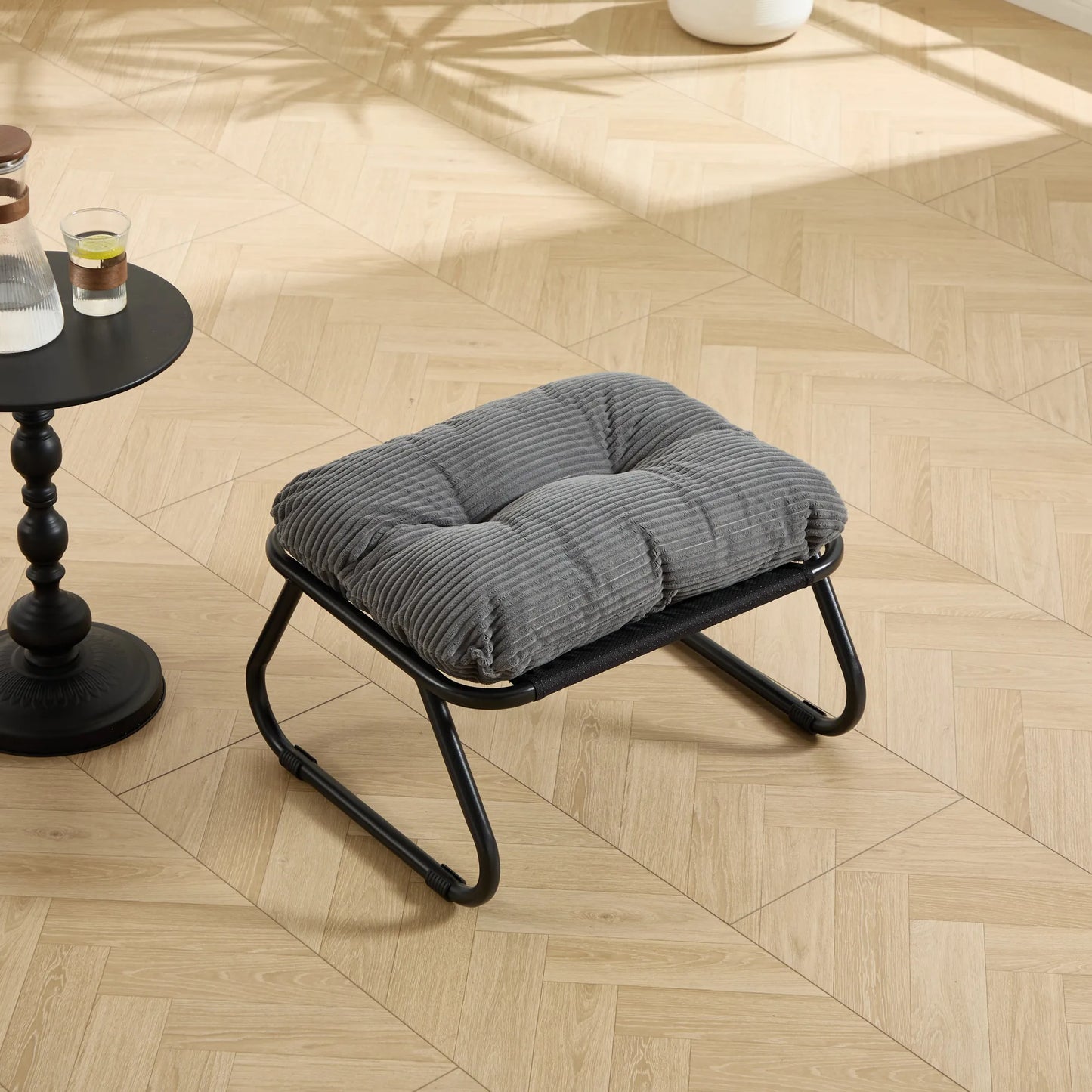 Upholstered Lounge Chair with Matching Ottoman – Black Frame / Gray Cushion – view 12