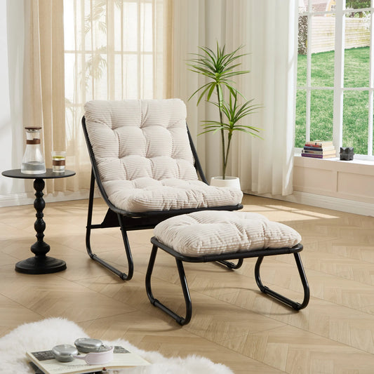 Upholstered Lounge Chair with Matching Ottoman – Black Frame / White Cushion – view 1