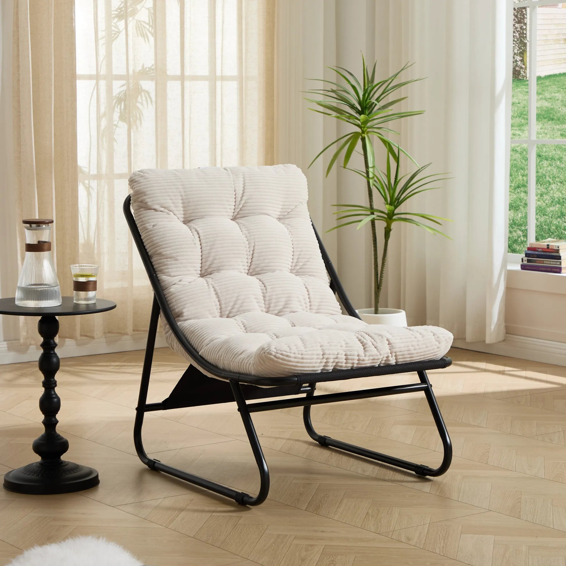 Upholstered Lounge Chair with Matching Ottoman – Black Frame / White Cushion – view 4
