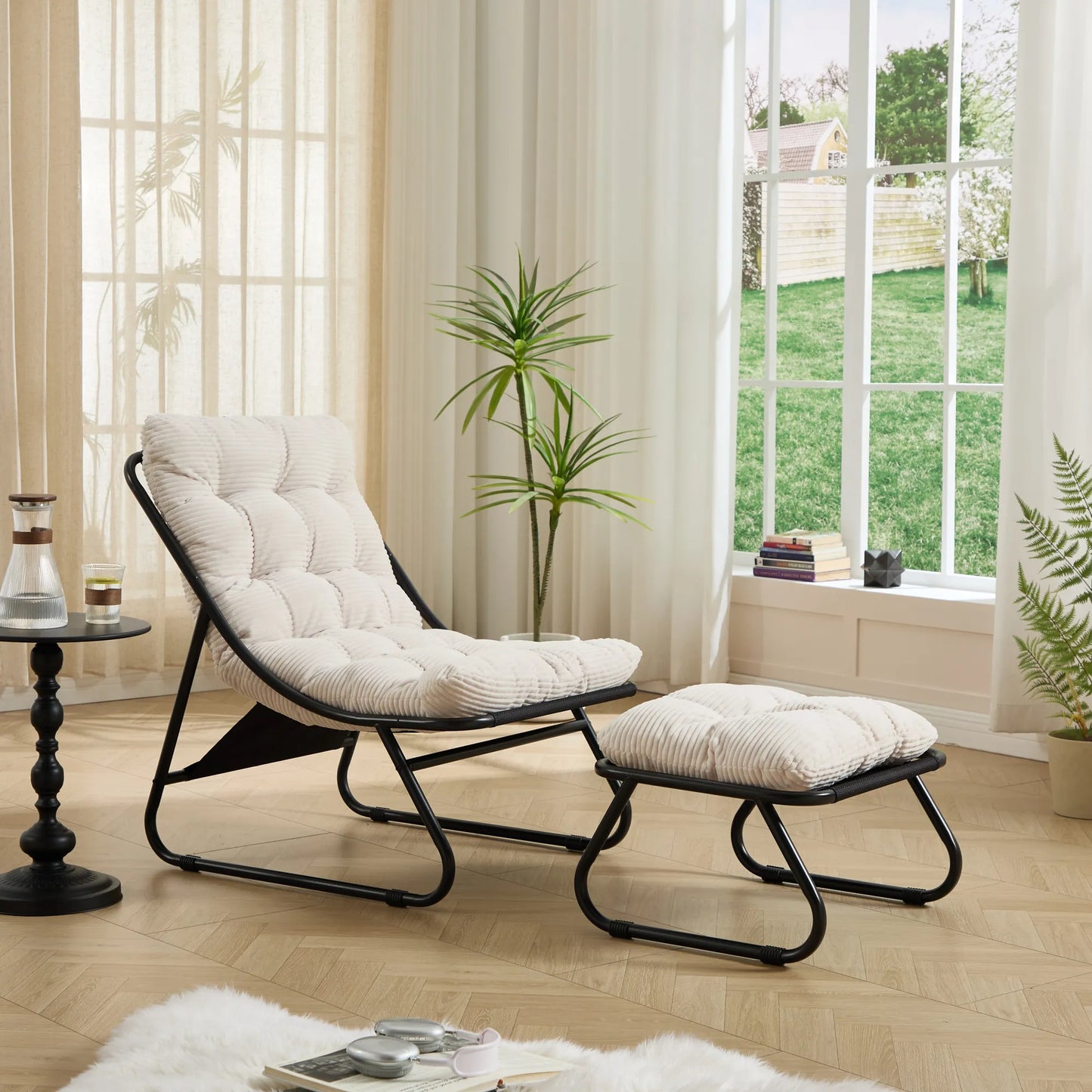 Upholstered Lounge Chair with Matching Ottoman – Black Frame / White Cushion – view 5