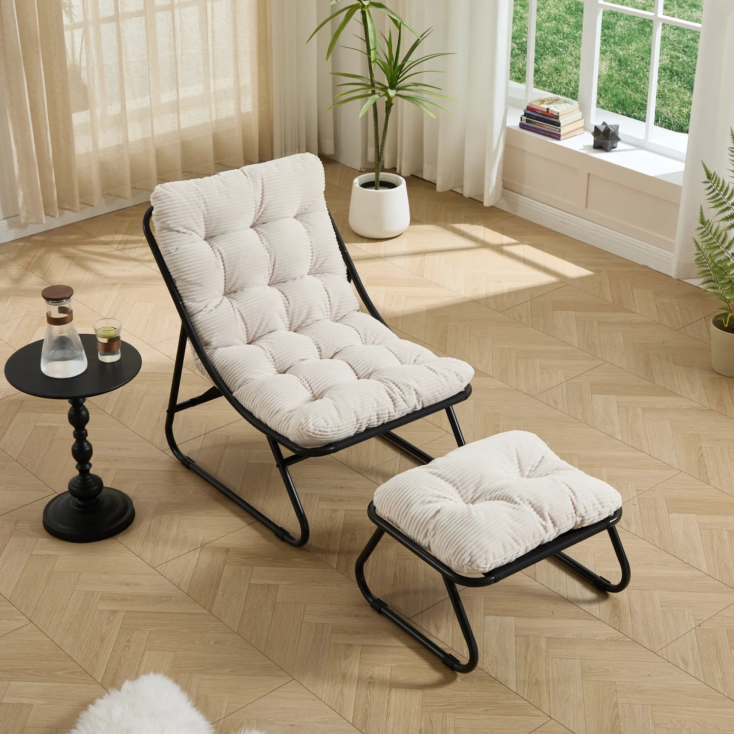 Upholstered Lounge Chair with Matching Ottoman – Black Frame / White Cushion – view 7