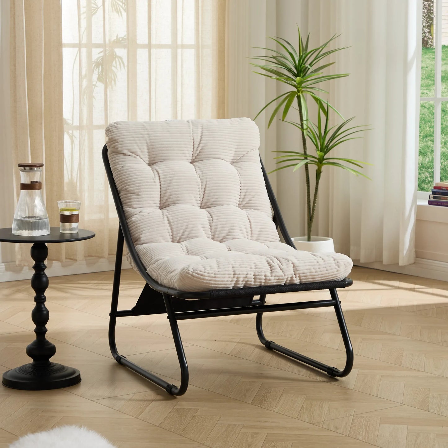 Upholstered Lounge Chair with Matching Ottoman – Black Frame / White Cushion – view 10