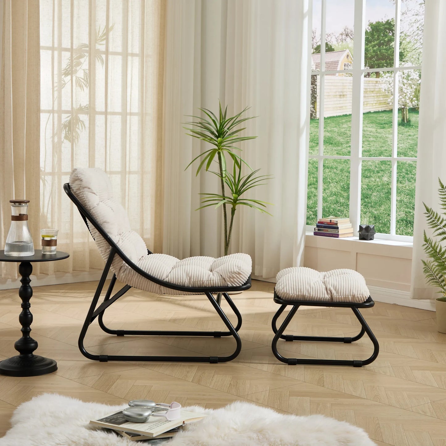Upholstered Lounge Chair with Matching Ottoman – Black Frame / White Cushion – view 12