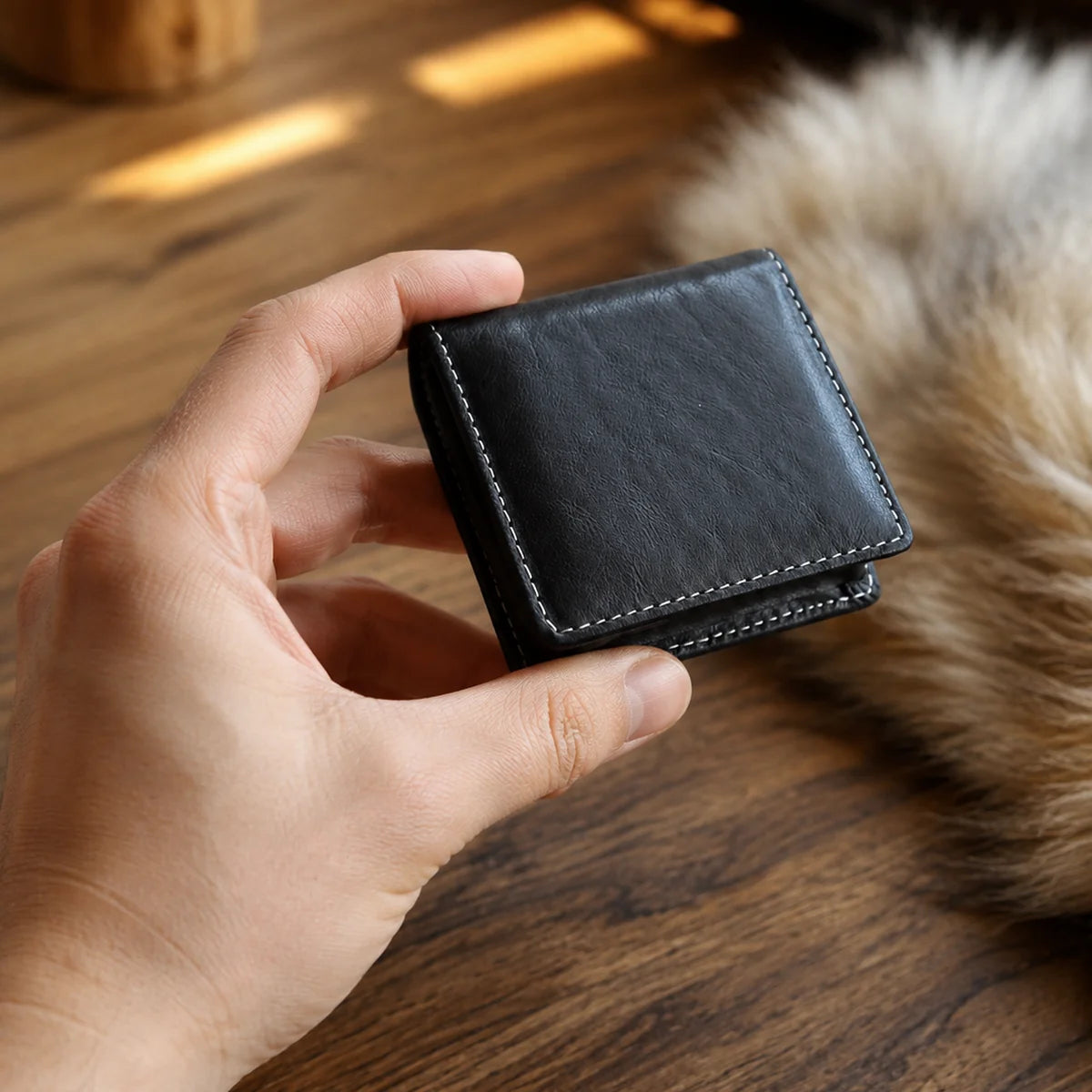 Compact black leather coin purse held in one hand