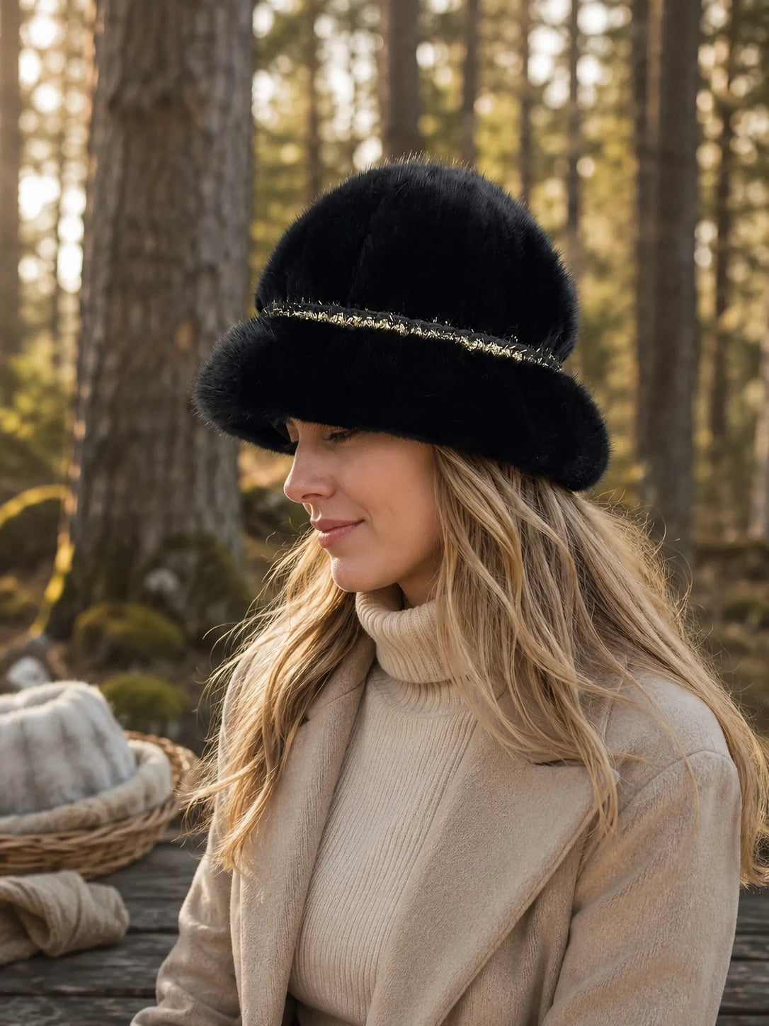 Woman wearing the Natural Black genuine mink fur bucket hat in a forest