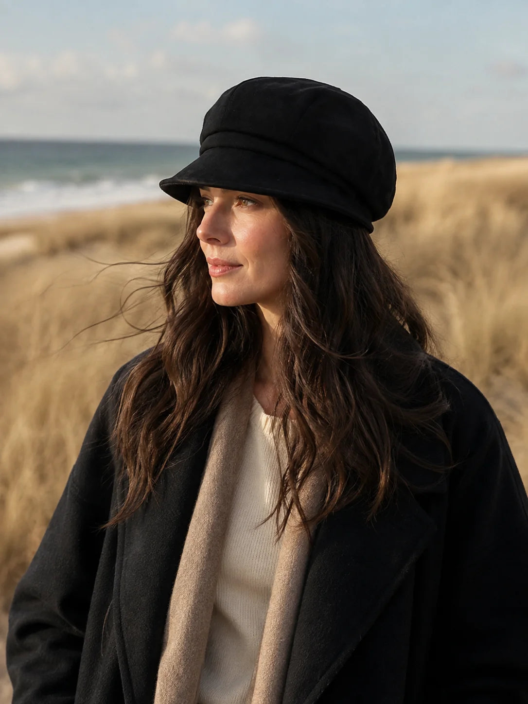 Woman wearing a black paneled beret cap in a coastal landscape