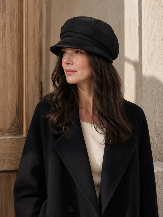 Woman styling a black paneled beret cap with a black coat