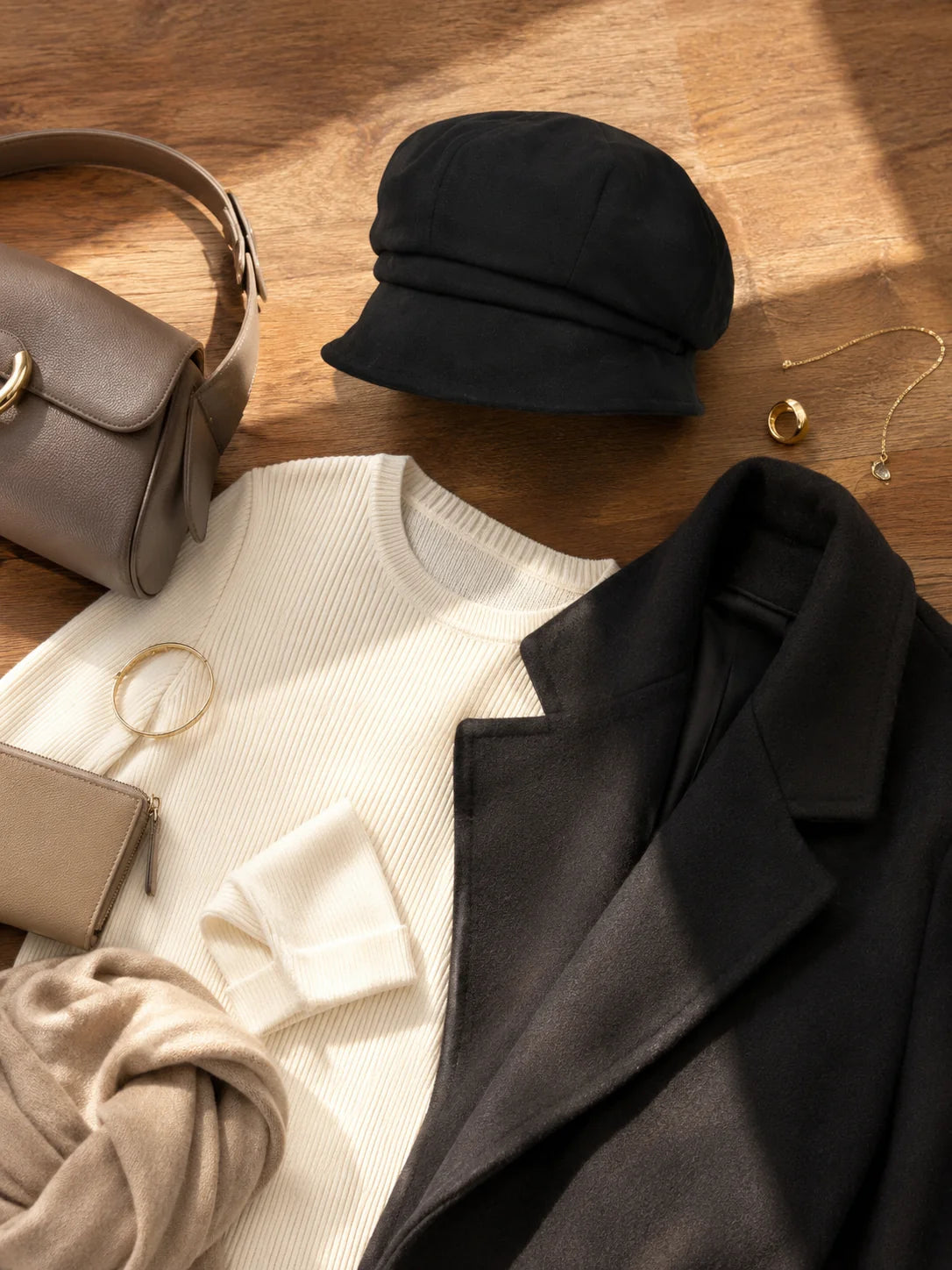 Black paneled beret cap styled with winter wardrobe essentials