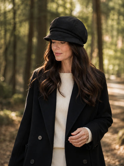 Woman wearing a black paneled beret cap on a wooded path