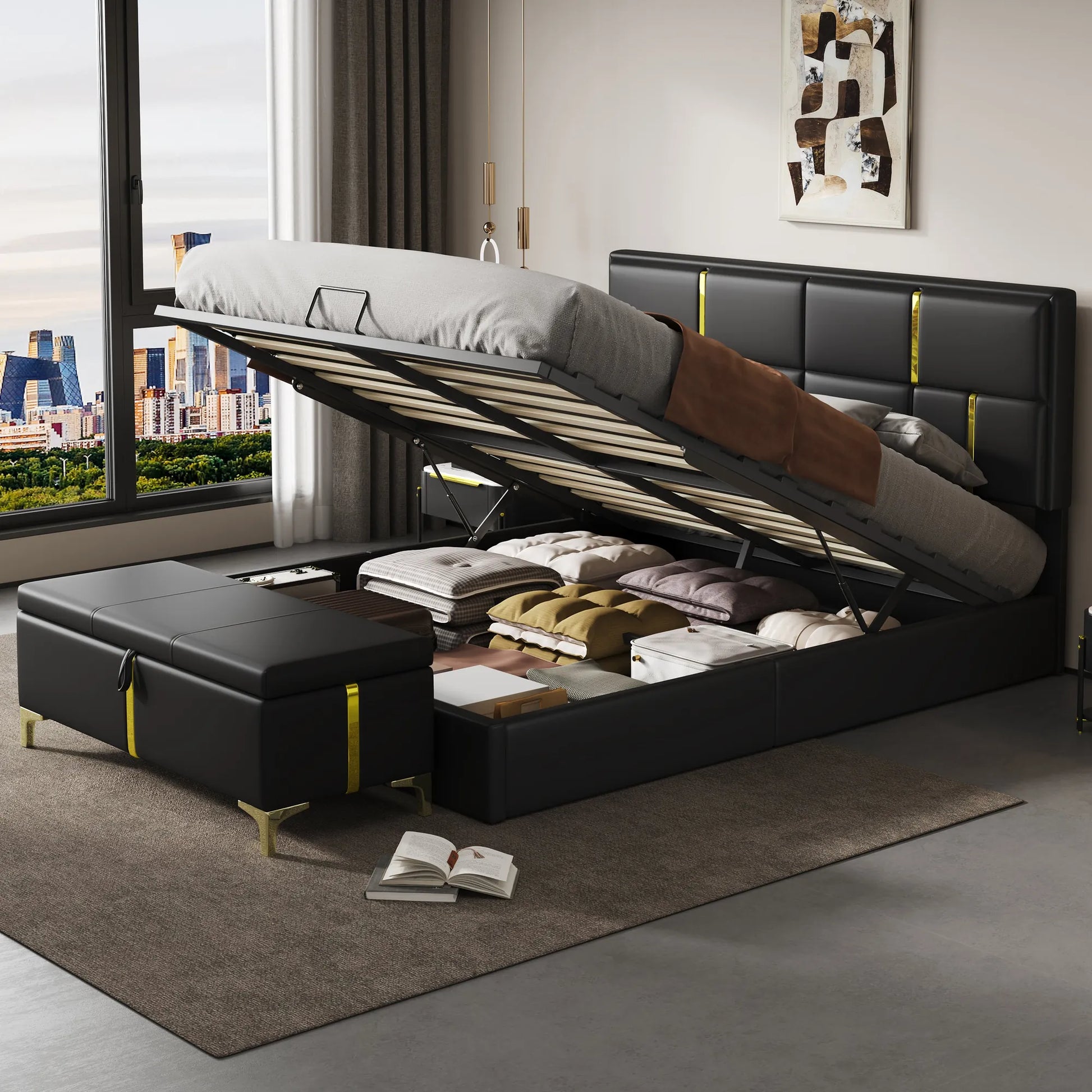 2-Piece Queen Storage Bed and Ottoman Set – Black PU Leather – view 1